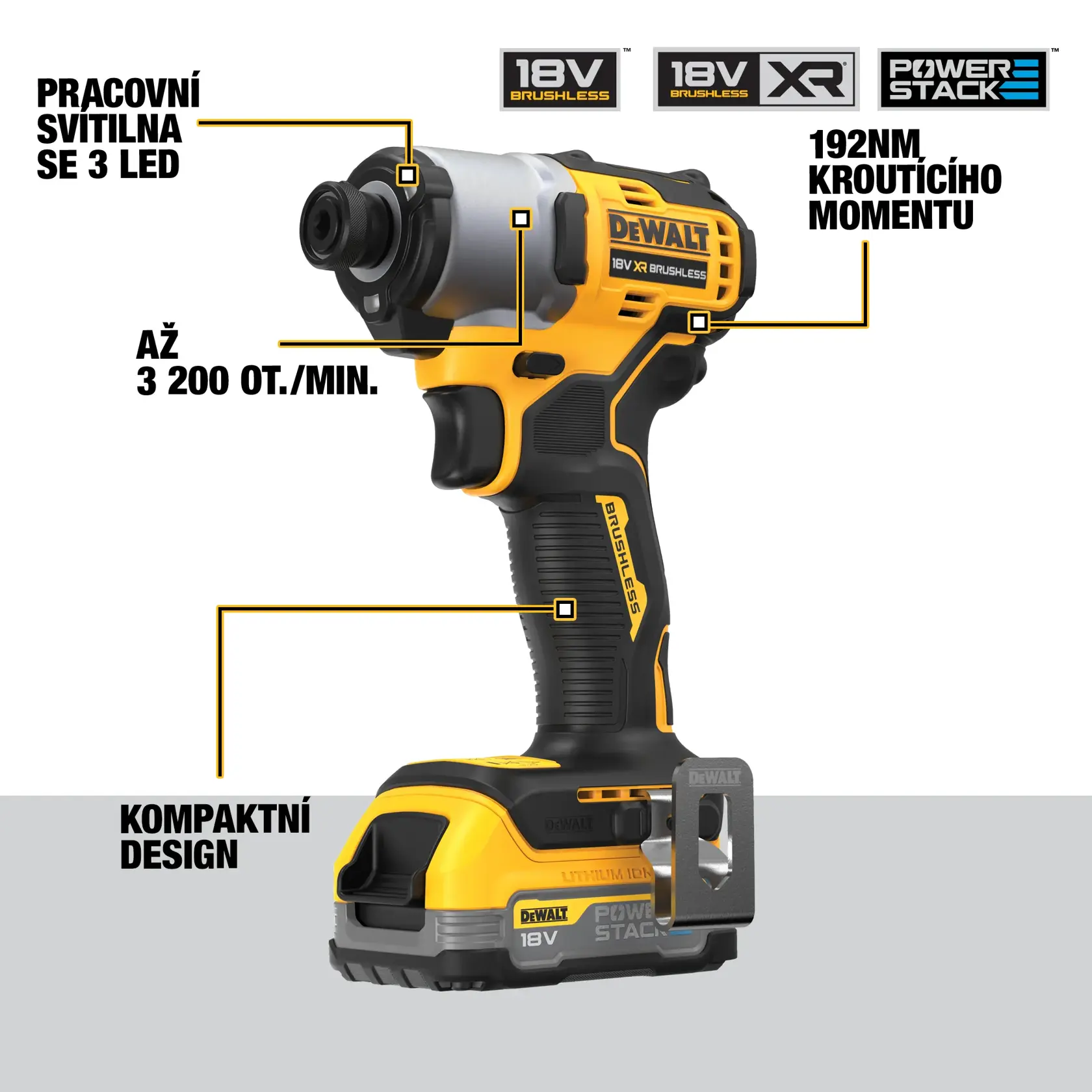 18V XR® rázový šroubovák s bezuhlíkovým motorem - 1x 1,7Ah akumulátor POWERSTACK