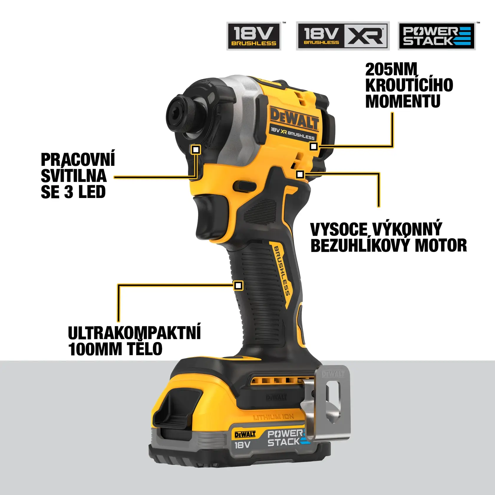 18V XR bezuhlíkový kompaktní rázový utahovák - 2X POWERSTACK Compact
