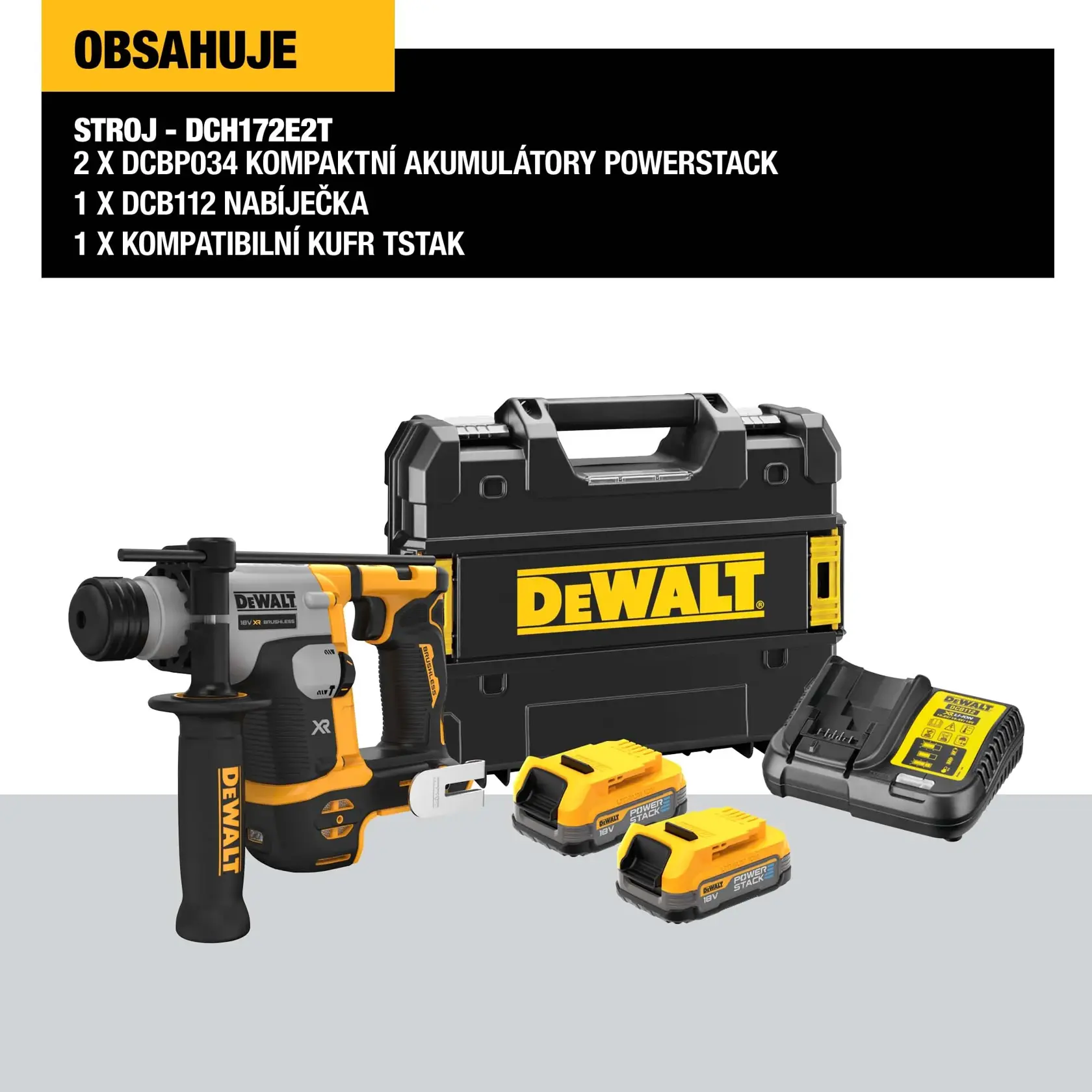 Set de martillo rotativo DEWALT DCH172E2T, que incluye la herramienta, dos baterías Powerstack, un cargador multi-voltaje y un maletín TSTAK negro y amarillo. Los artículos se muestran juntos con un gráfico informativo de producto en español arriba.