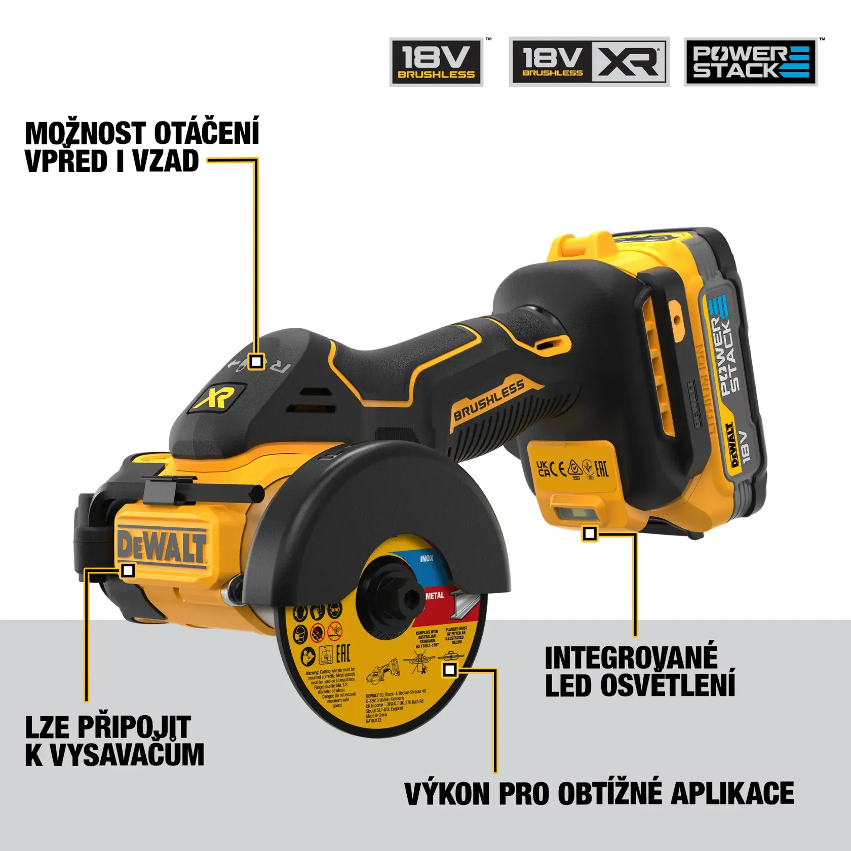 76mm rozbrušovačka 18V XR s bezuhlíkovým motorem - 1 x akumulátor POWERSTACK