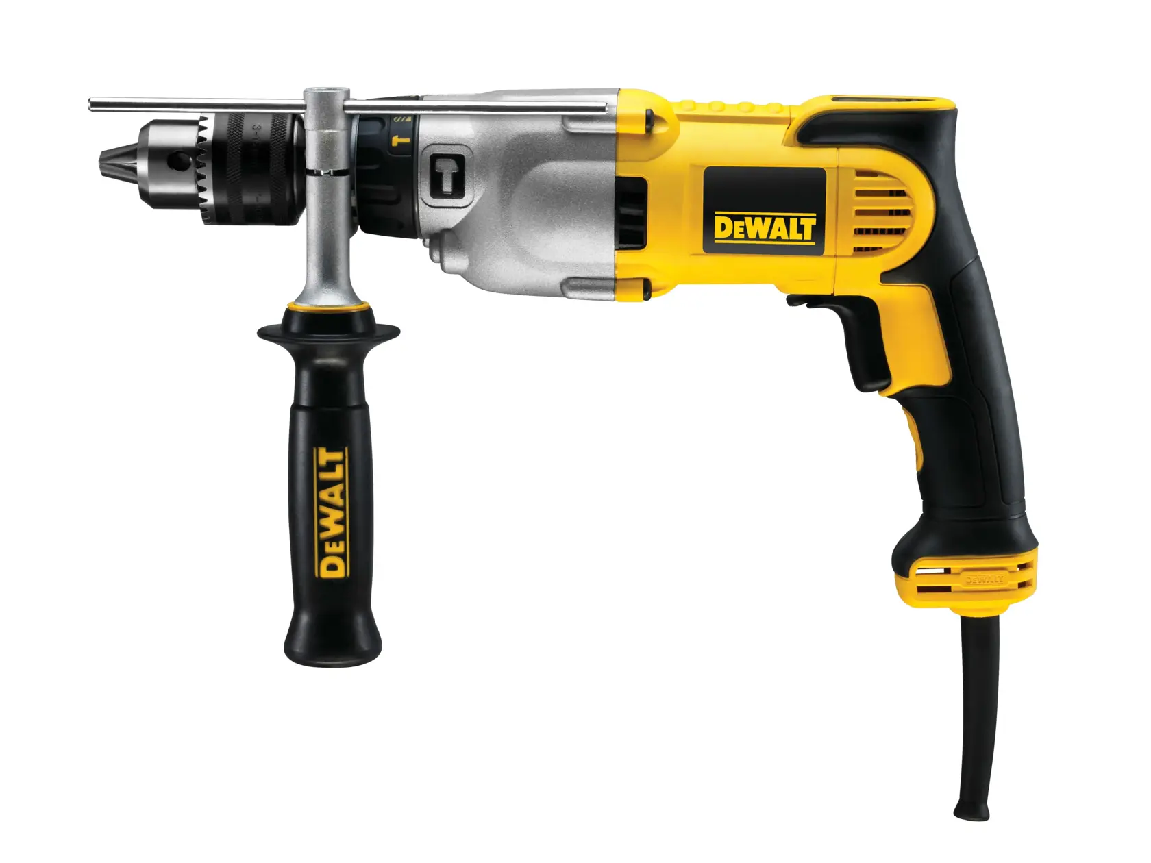 A DEWALT D21570K electric drill with a side handle and a yellow and black design.