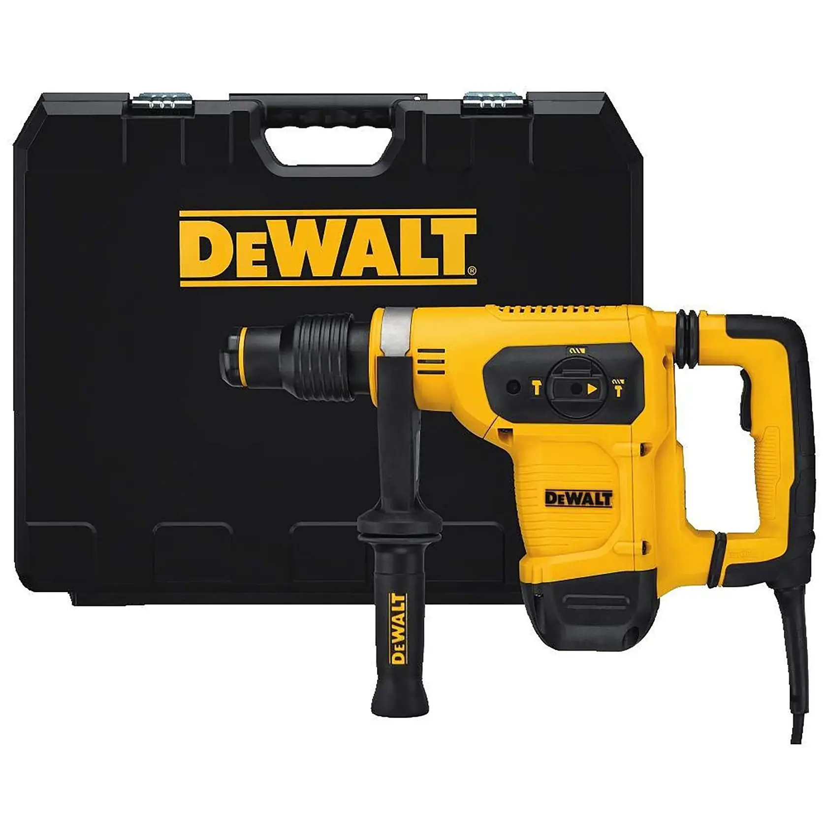 A yellow and black DEWALT rotary hammer drill with a side handle, shown in front of a black DEWALT carrying case.