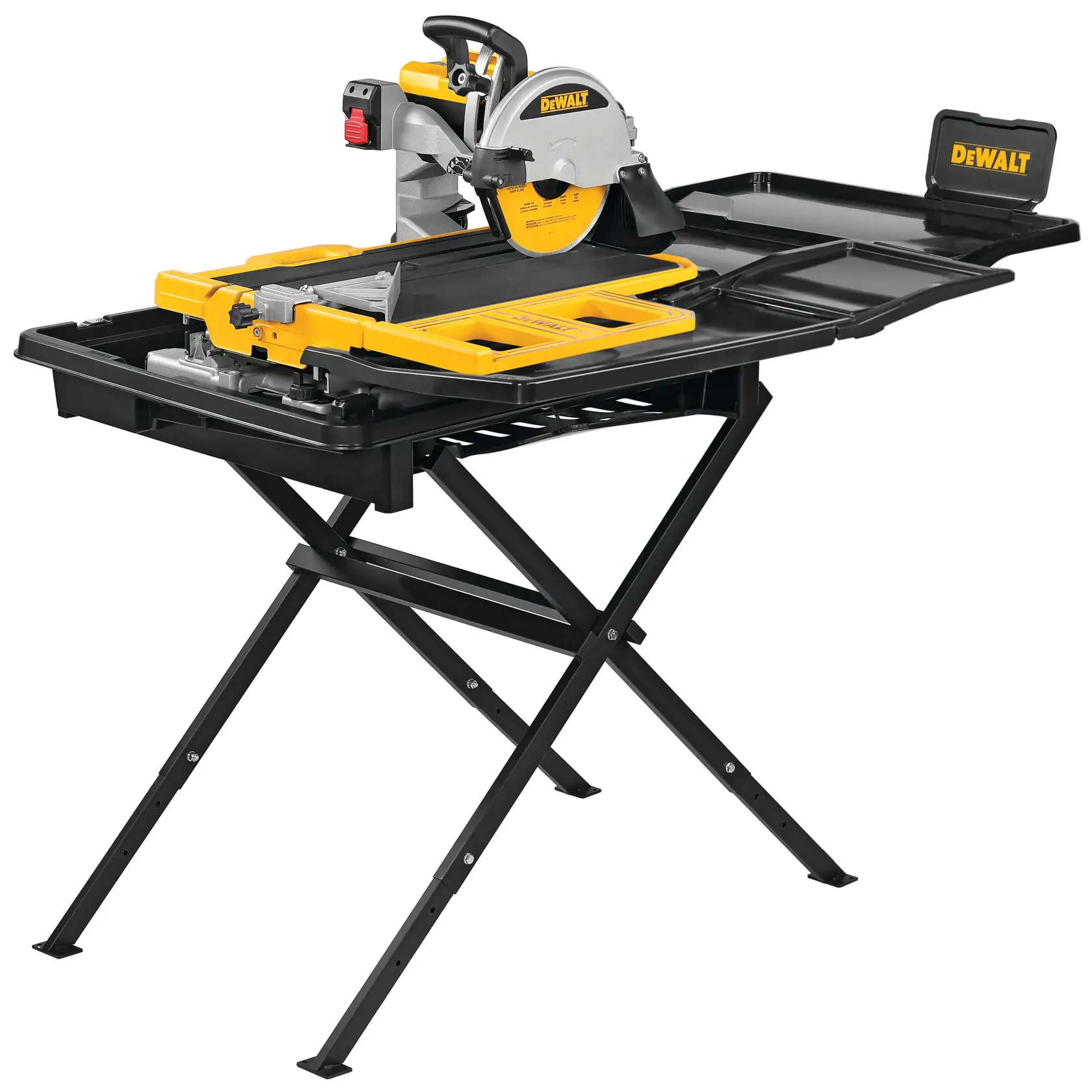 A person using a DEWALT D36000 tile saw to cut a large tile on a worktable in a room with two windows.
