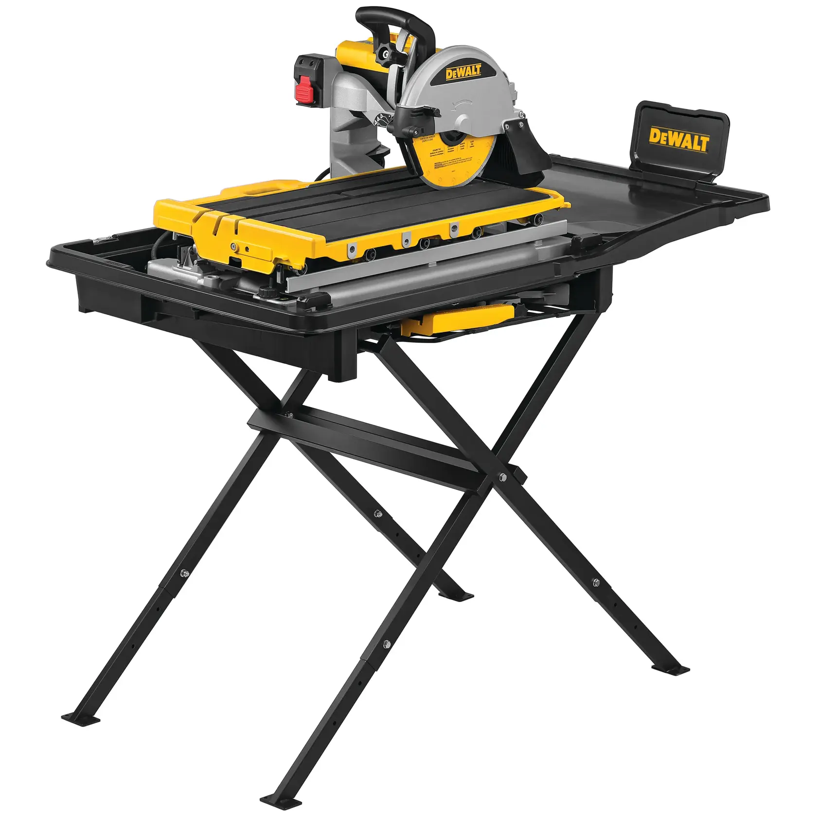 A person operating a DEWALT D36000-QS wet tile saw in a well-lit room, cutting a large tile with water splashing on the work surface.