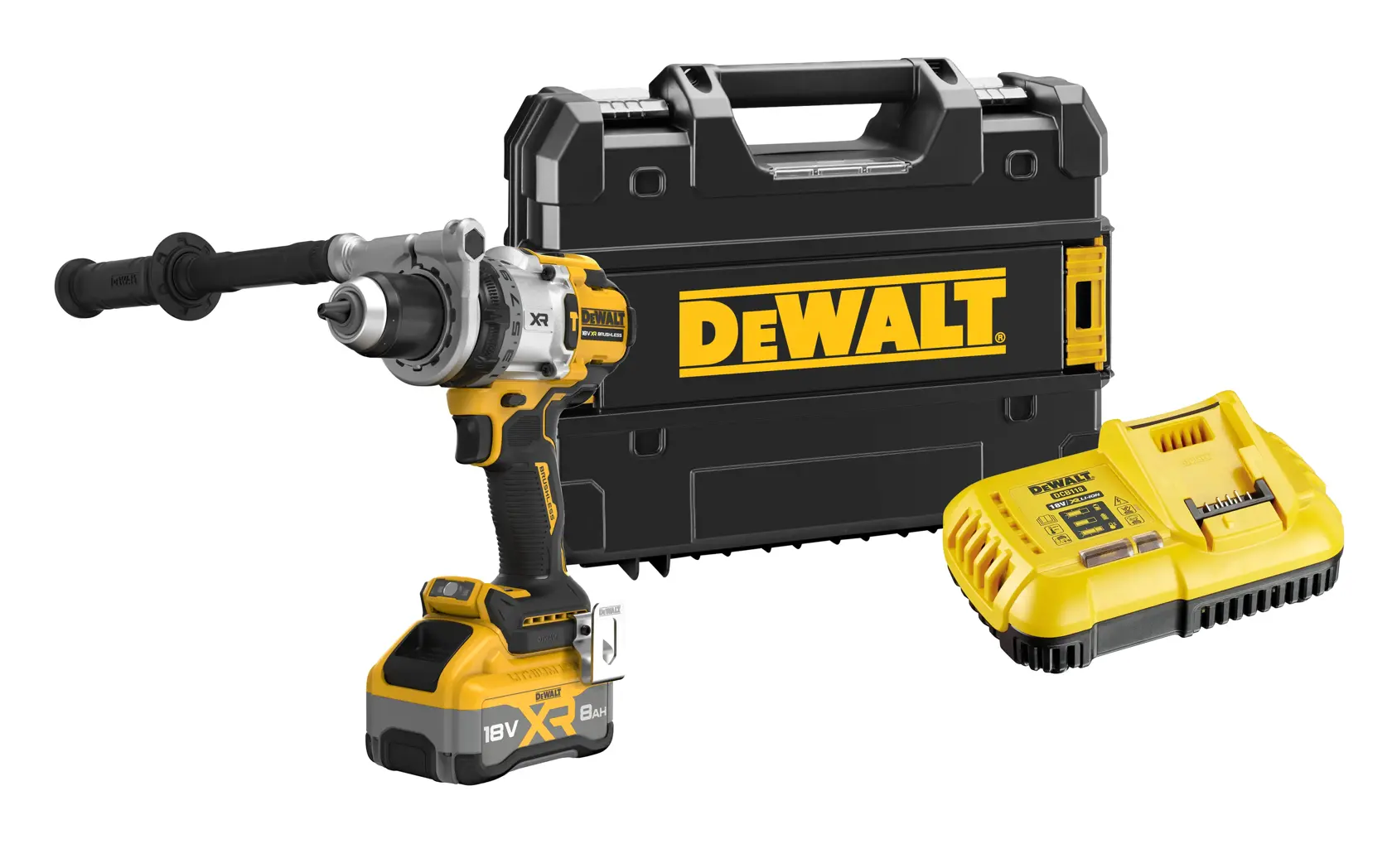 DEWALT cordless drill with handle, black case, and yellow battery charger.