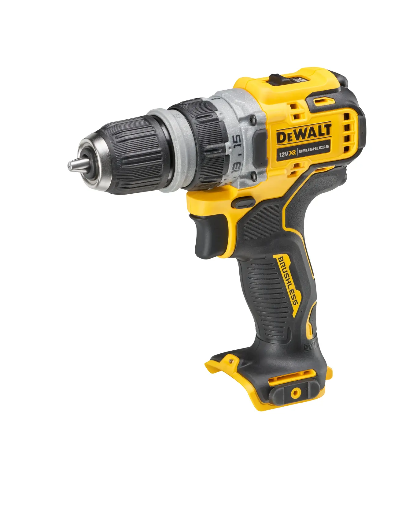 Photo of DEWALT DCD703NT cordless drill, yellow and black, side angle on white background.