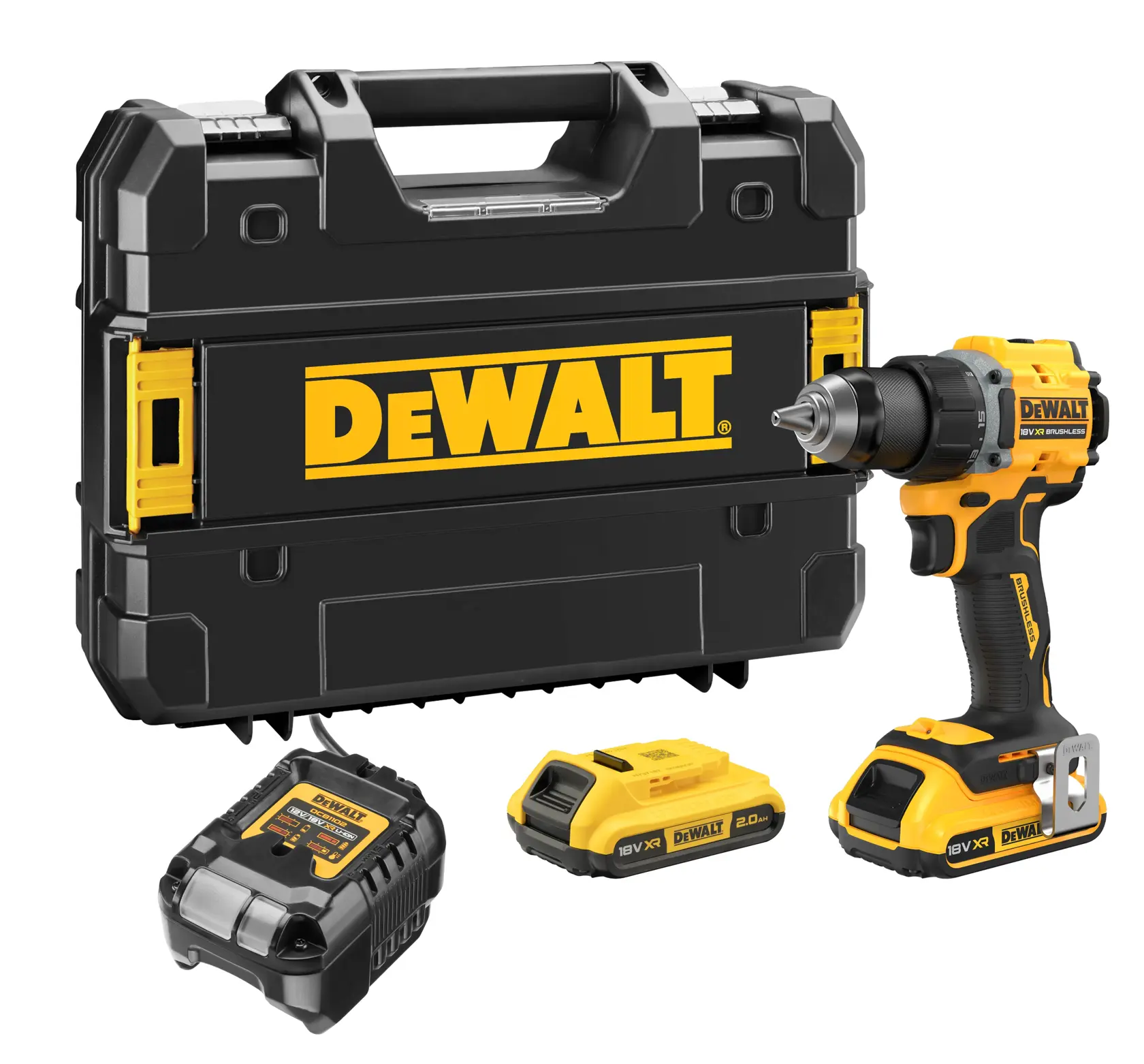 DEWALT cordless drill, Photography, SKUs DCD794D2T-QW, DCD794D2T, yellow and black, side view.