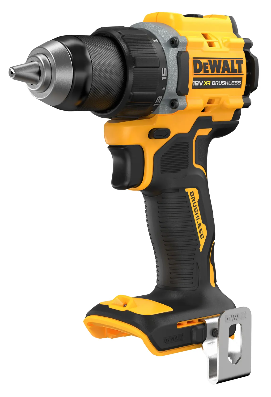 DEWALT cordless drill DCD794NT, DCD794NT-XJ in yellow-black. Photography category product, side angle view.