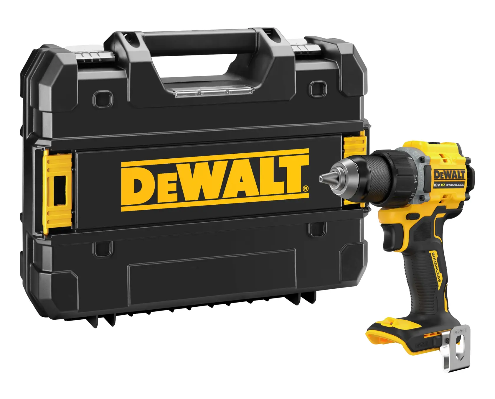 DEWALT cordless drill DCD794NT, DCD794NT-XJ in yellow-black. Photography category product, side angle view.
