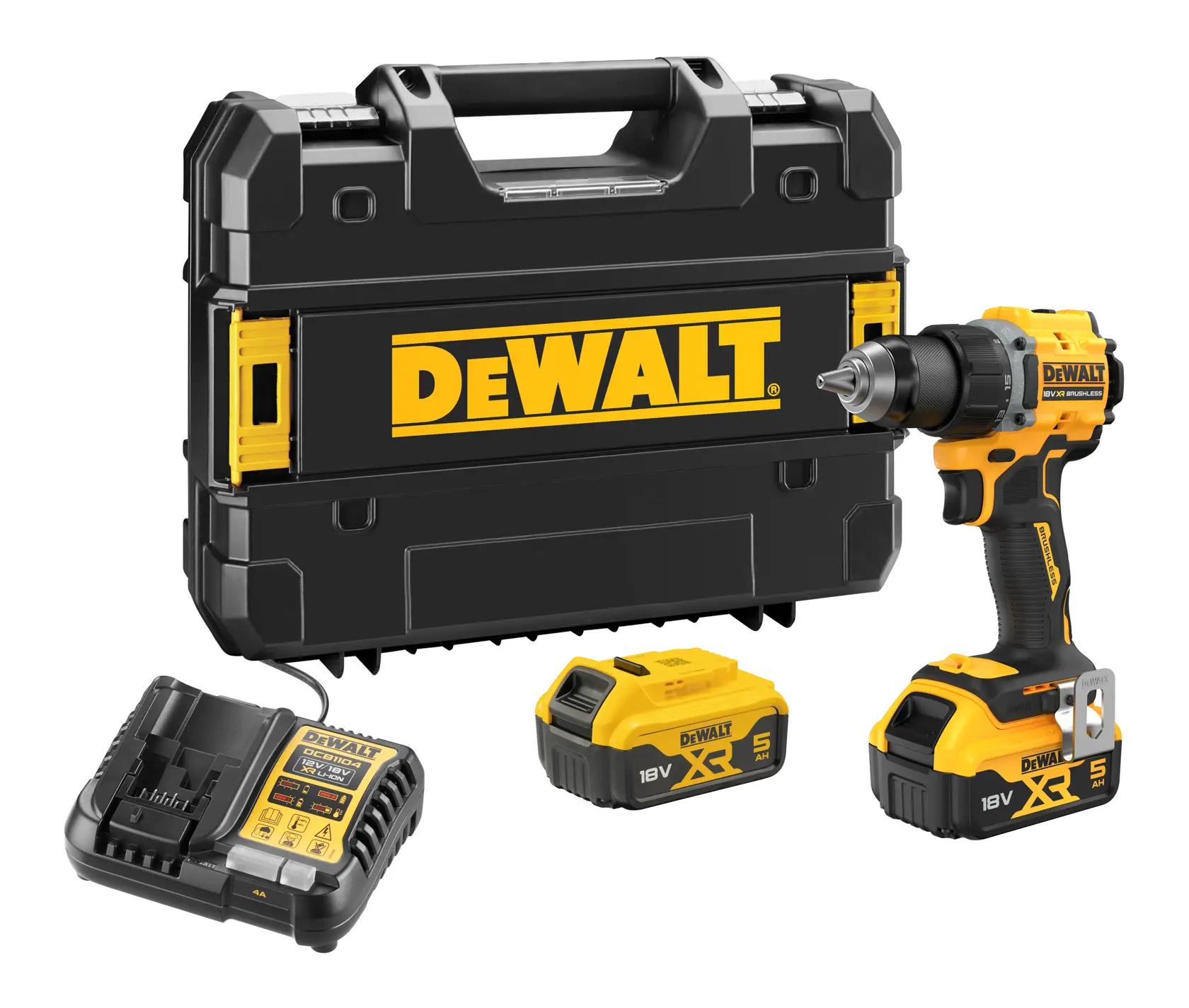 DEWALT DCD794P2T, DCD794P2T-QW kit with drill, case, charger, and 2 batteries.