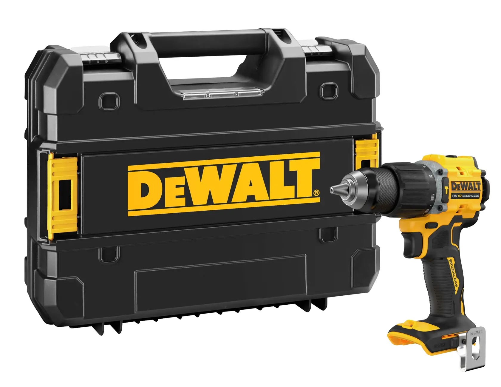 DEWALT cordless drill with black case, yellow accents, and DEWALT logo visible on the box.