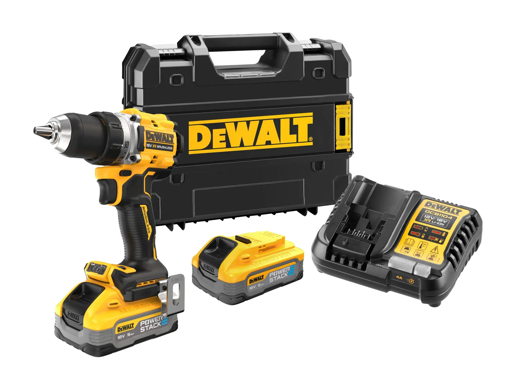 DEWALT drill kit with drill, two batteries, charger, and carrying case displayed.