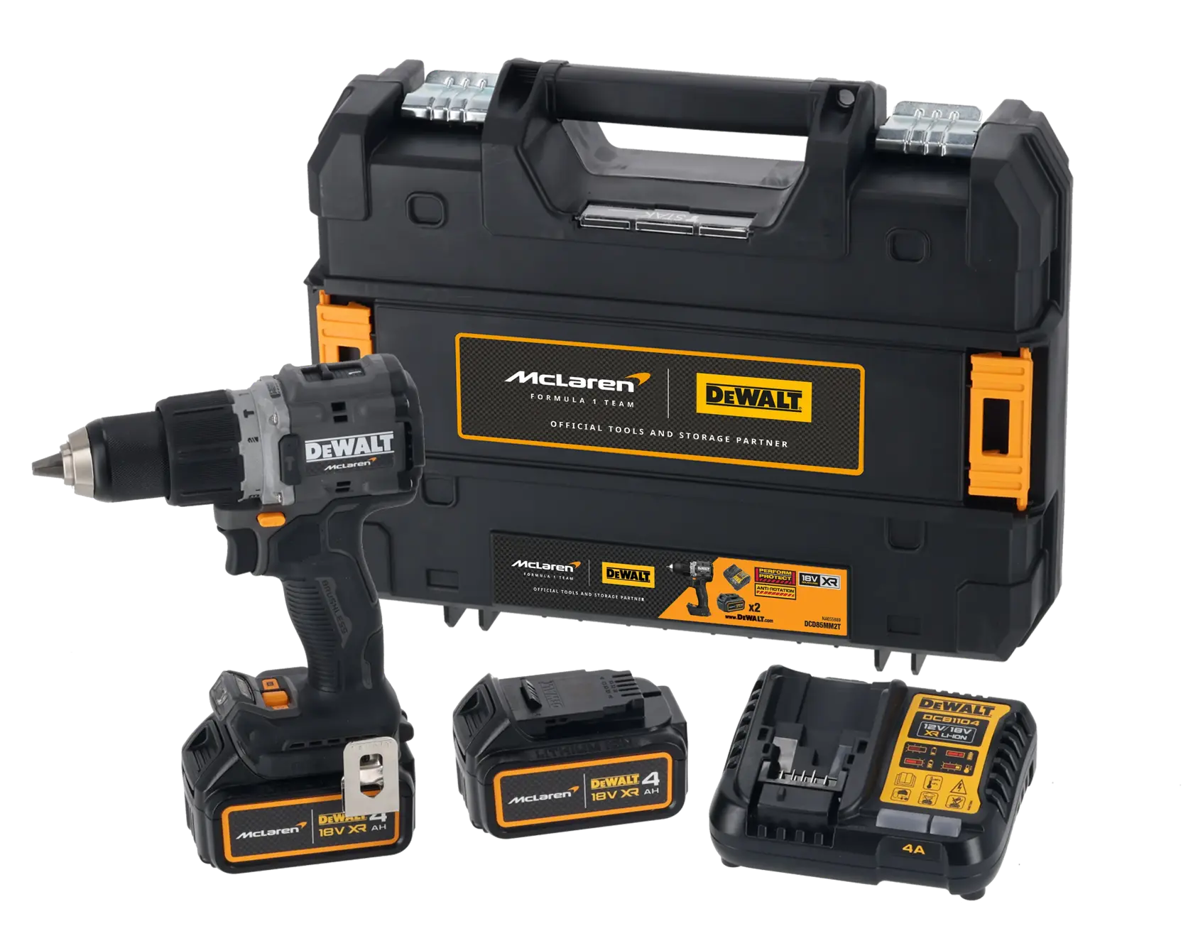 DEWALT drill set with McLaren branding, two batteries, charger, and storage case.