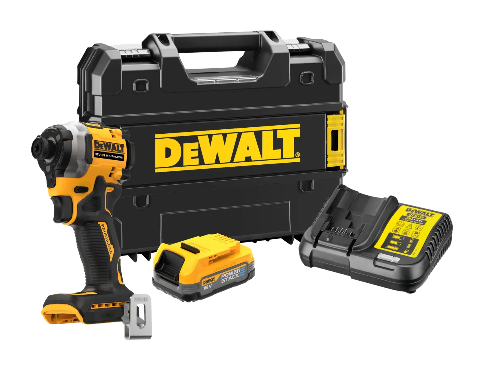 A DEWALT cordless impact driver kit, including a black and yellow impact driver, a rechargeable battery, a battery charger, and a black carrying case with the DEWALT logo.