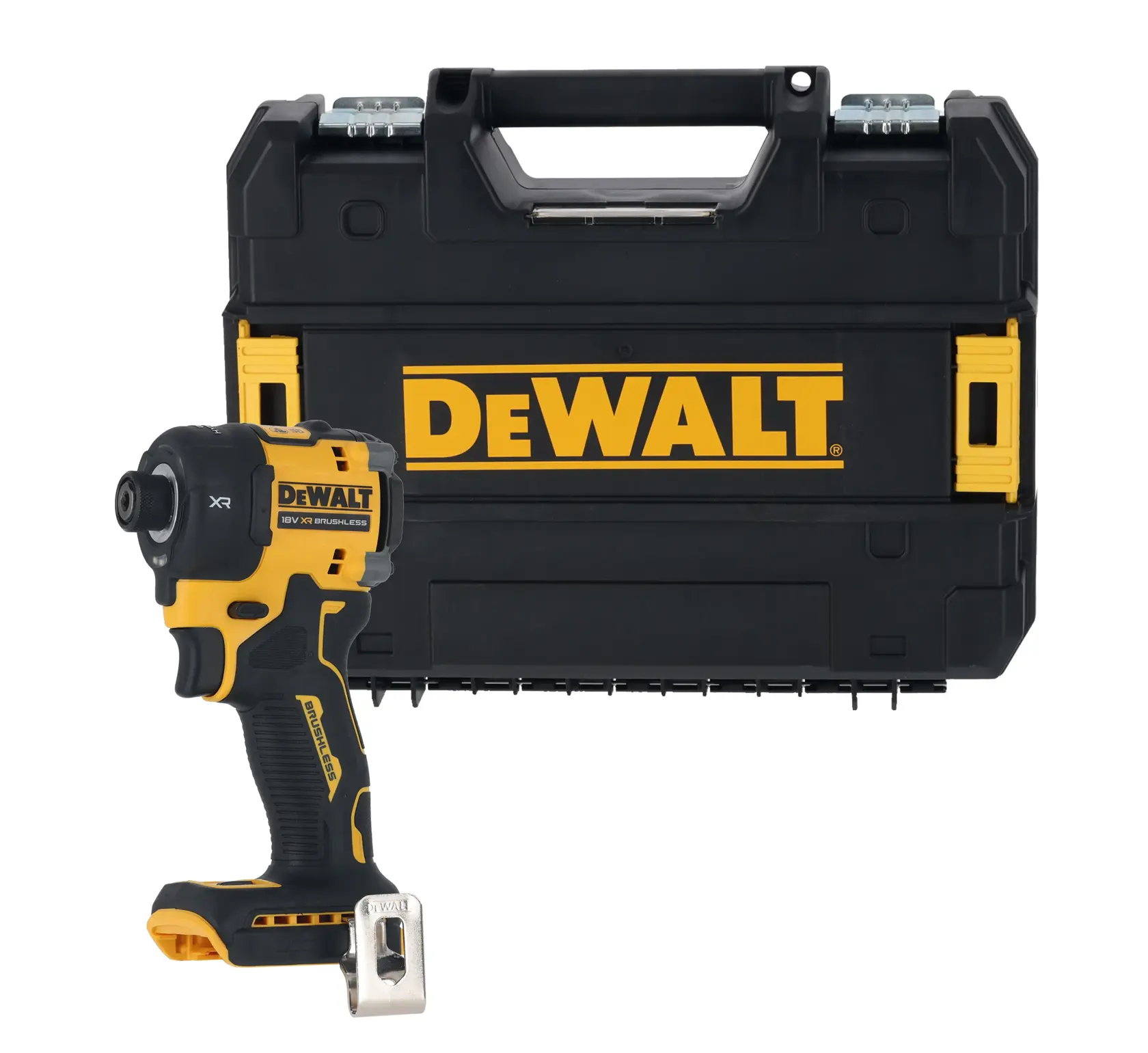 DEWALT cordless impact driver with black storage case, suitable for professional use.