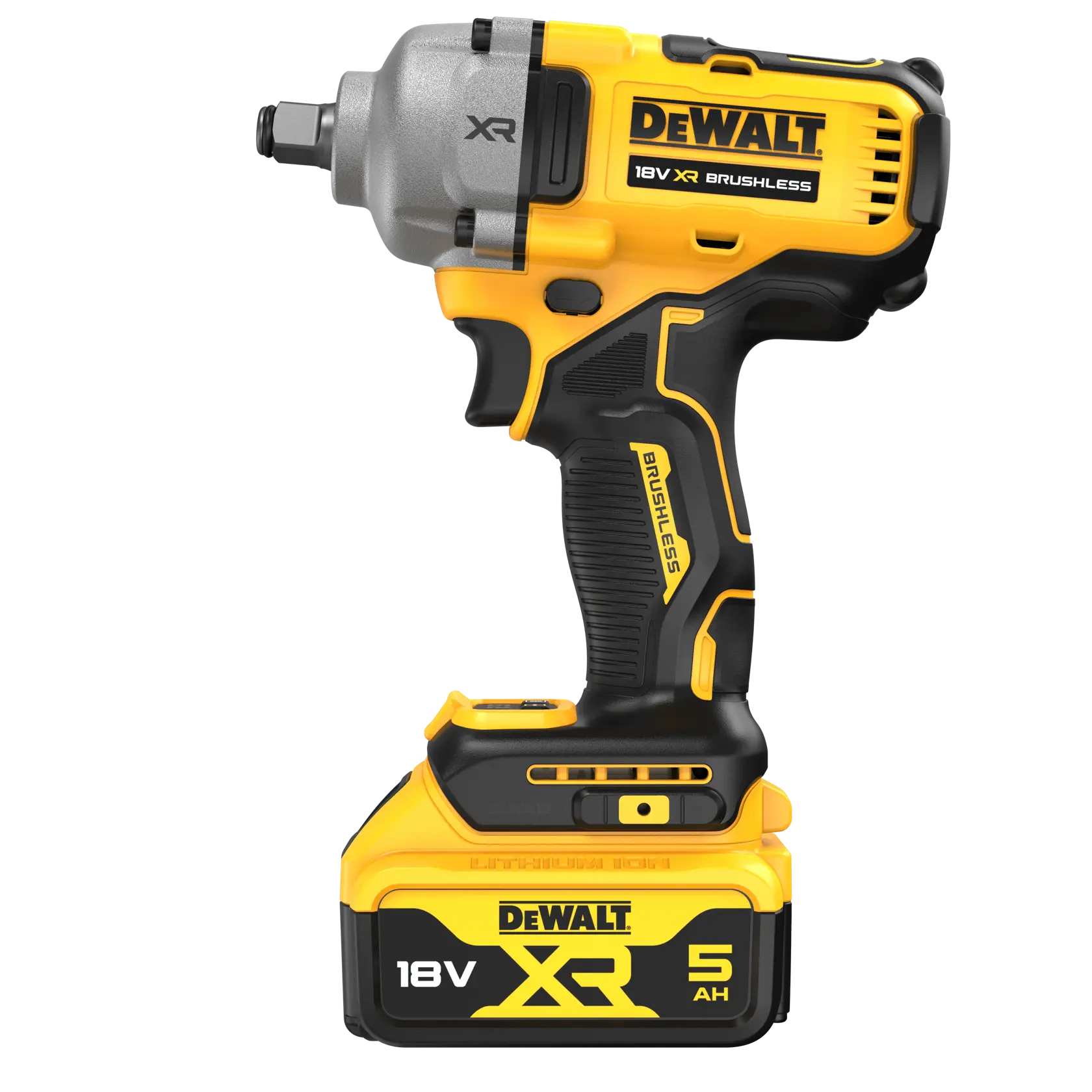 18V XR® 1/2" rázový utahovák s bezuhlíkovým motorem, upínacím čtyřhranem a pojistným kroužkem - 2x 5Ah