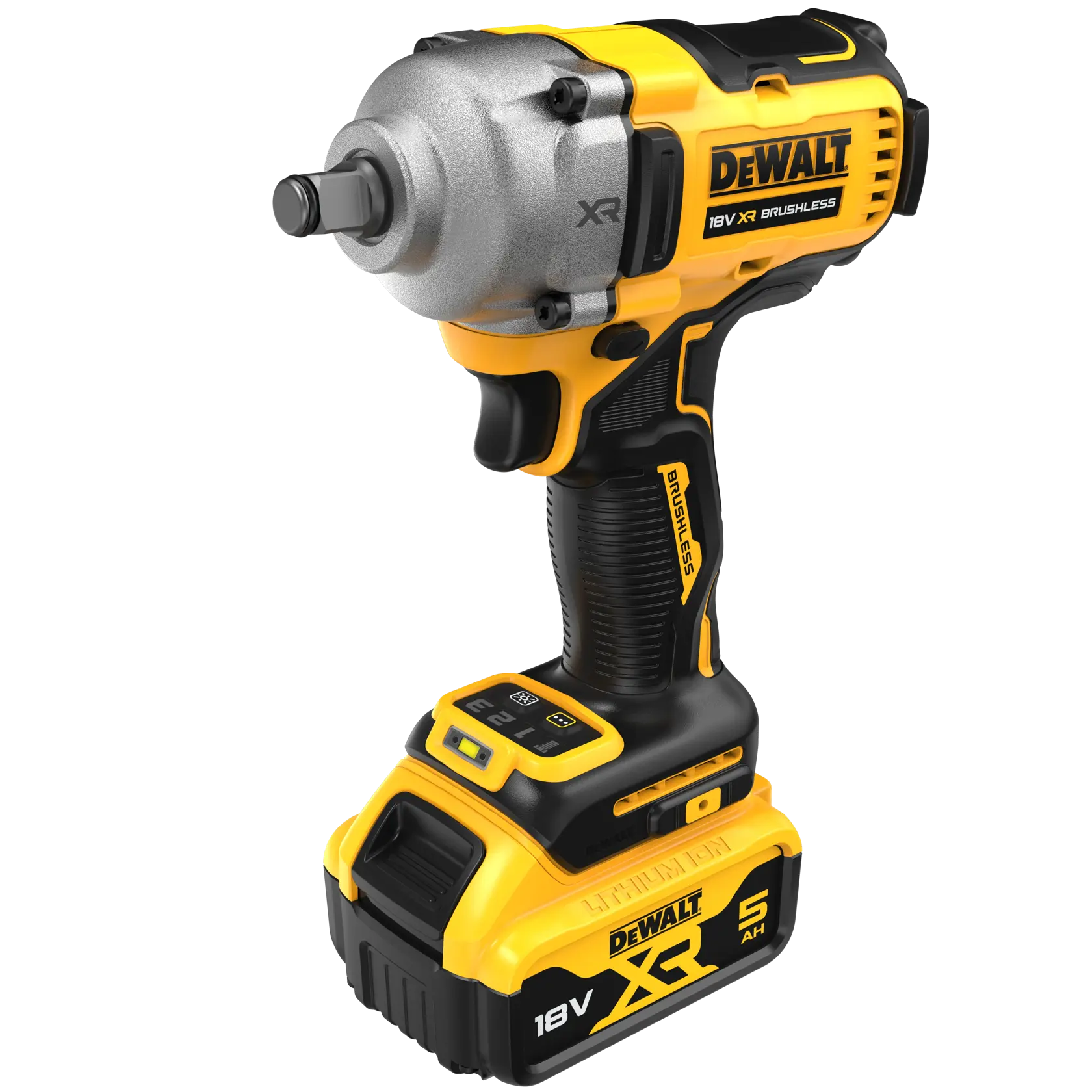 18V XR® 1/2" rázový utahovák s bezuhlíkovým motorem, upínacím čtyřhranem a pojistným kroužkem - 2x 5Ah