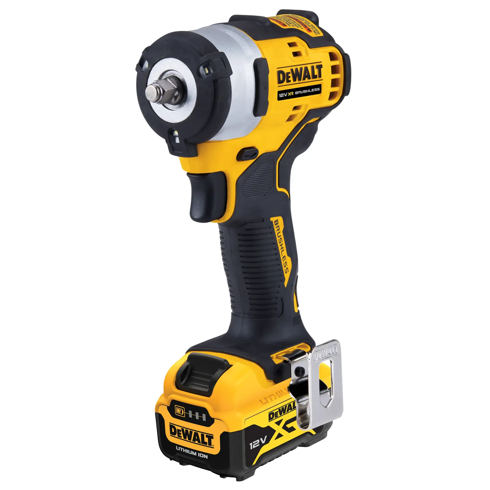 DEWALT 12V cordless impact wrench with lithium-ion battery, yellow and black, model DCF903P1.