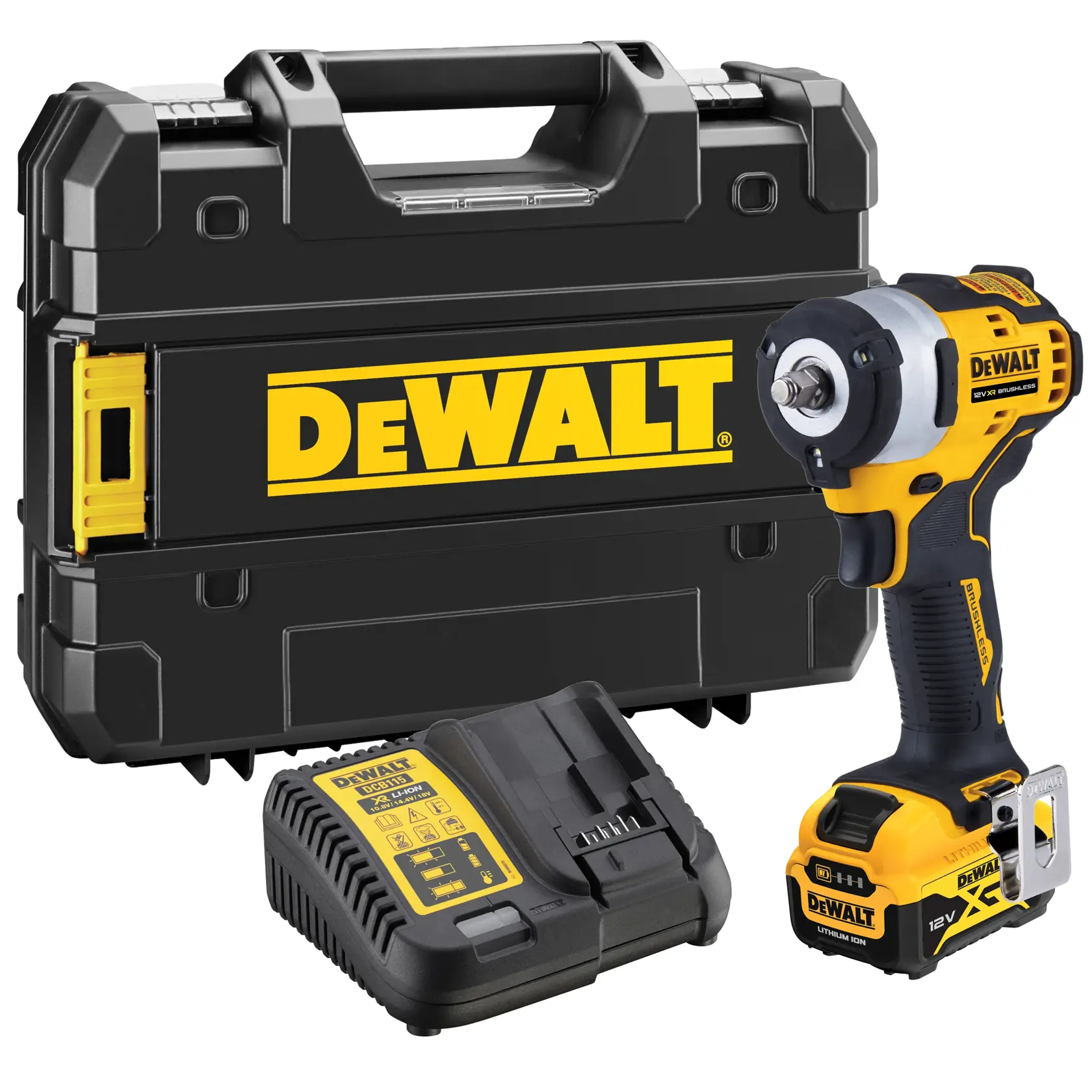 DEWALT power tool kit with impact wrench, battery charger, and hard carrying case.