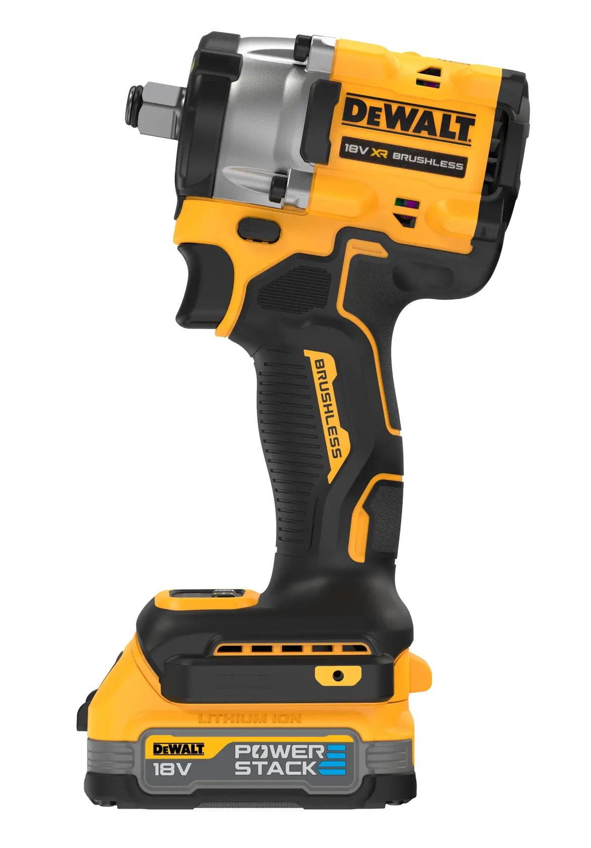 DEWALT 18V XR brushless Schlagschrauber mit POWERSTACK Akku, stehend auf weißem Hintergrund.