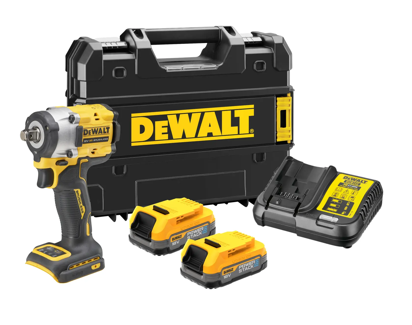 DEWALT cordless impact wrench set including a yellow and black impact wrench, two 18V Powerstack batteries, a battery charger, and a hard carrying case with DEWALT logo.
