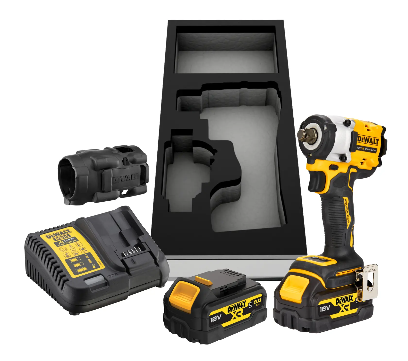 DEWALT 18V XR cordless impact wrench kit including a yellow and black impact wrench, two rechargeable batteries, a battery charger, a protective cover, and a custom black case insert.