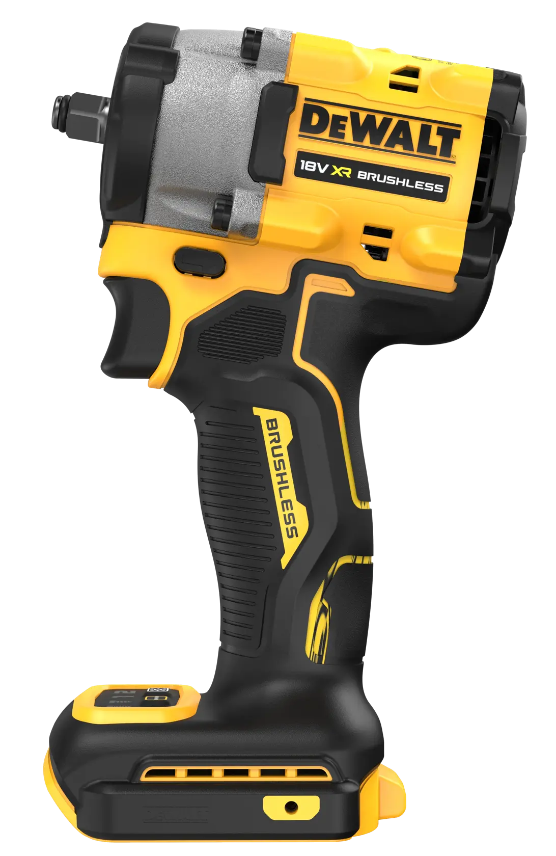 A DEWALT 18V XR brushless cordless impact wrench in yellow and black, shown in a side view with the battery compartment visible.