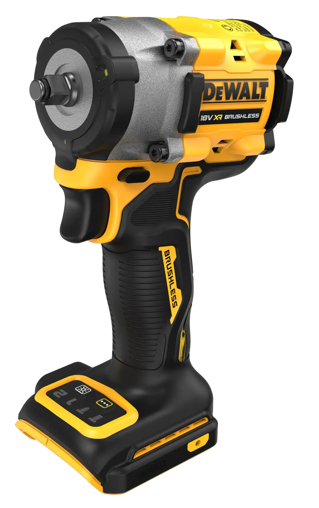 A DEWALT DCF923N 18V XR brushless cordless impact wrench, shown in a close-up on a white background, featuring its yellow and black ergonomic design.