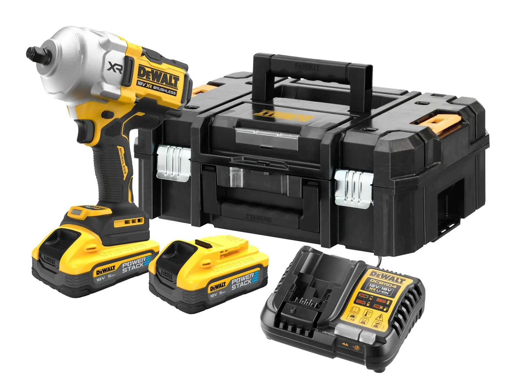 DEWALT cordless impact wrench kit with battery, charger, and black carrying case shown on white background.