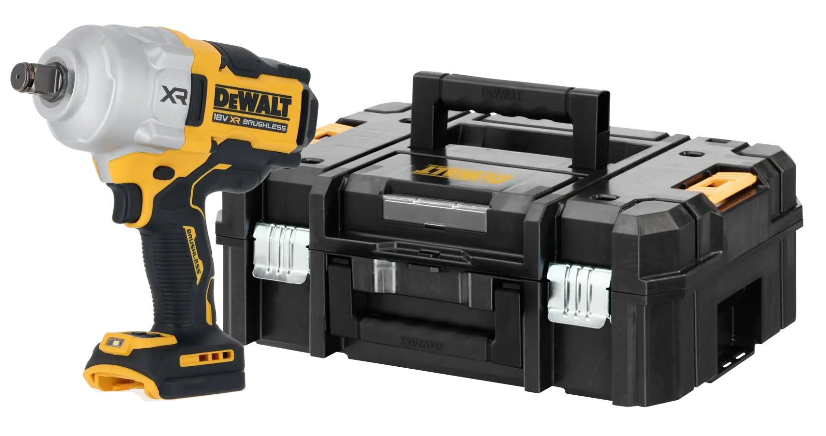 DEWALT cordless impact wrench and black tool case with yellow accents shown together.