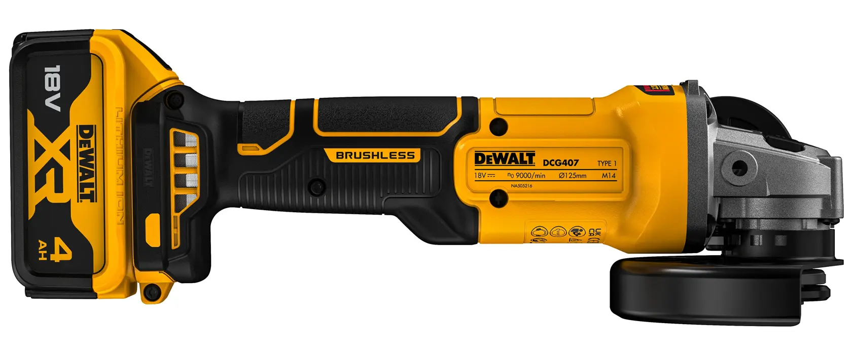 Úhlová bruska s bezuhlíkovým motorem 18V XR, 125 mm - 2 × 4 Ah