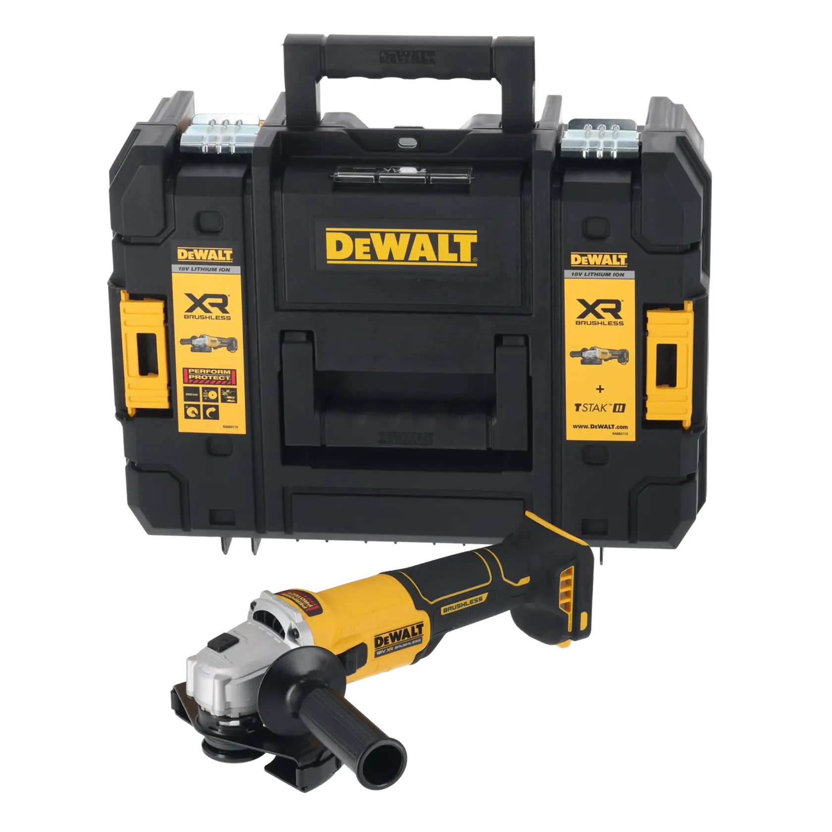 DEWALT cordless grinder, photography category, SKUs DCG407NT and DCG407N-XJ, yellow and black.