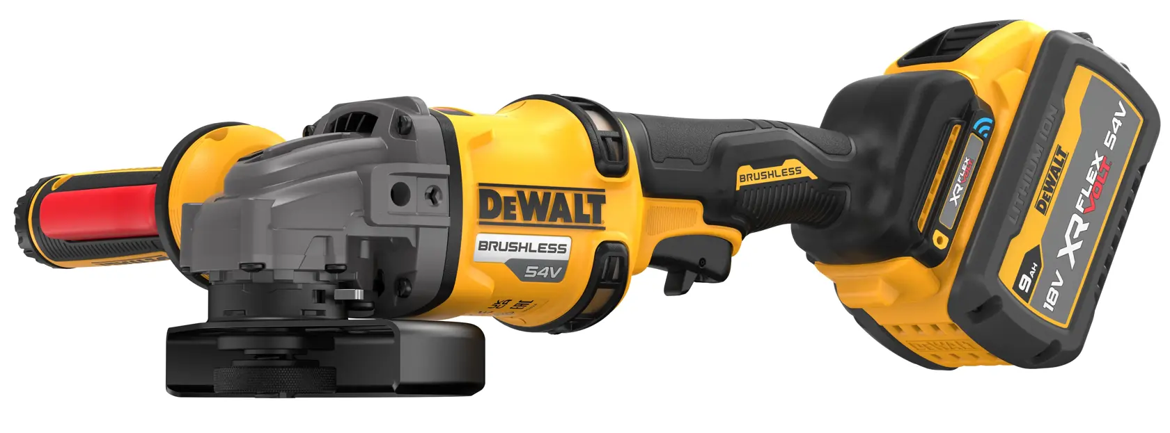 125mm úhlová bruska 54V XR FLEXVOLT s funkcí detekce uchopení boční rukojeti - 2 x akumulátor FLEXVOLT s kapacitou 9 Ah