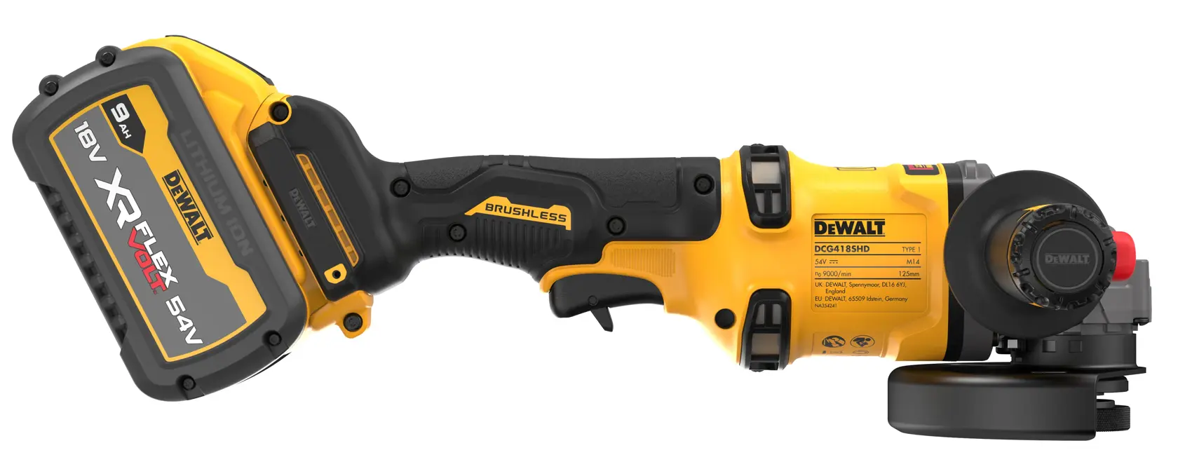 125mm úhlová bruska 54V XR FLEXVOLT s funkcí detekce uchopení boční rukojeti - 2 x akumulátor FLEXVOLT s kapacitou 9 Ah