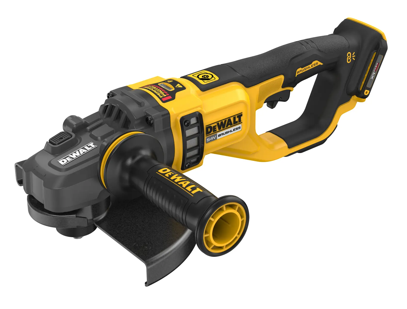 DEWALT cordless 54V brushless angle grinder with side handle, black and yellow design, shown on white background.