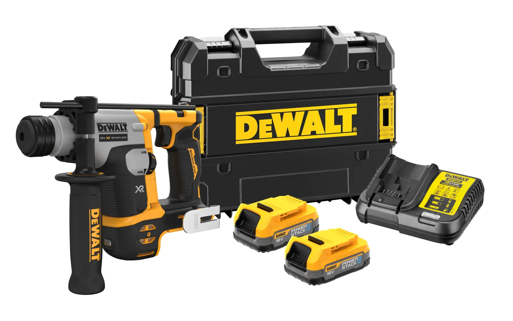 A DEWALT cordless rotary hammer drill set, model DCH172E2T, shown with a black and yellow hard carrying case, two rechargeable batteries, and a battery charger.