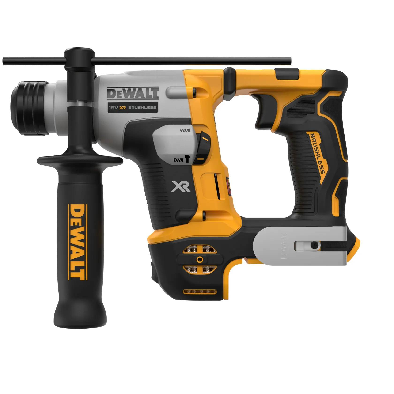 Cordless DEWALT rotary hammer drill in yellow and black with side handle and brushless motor.