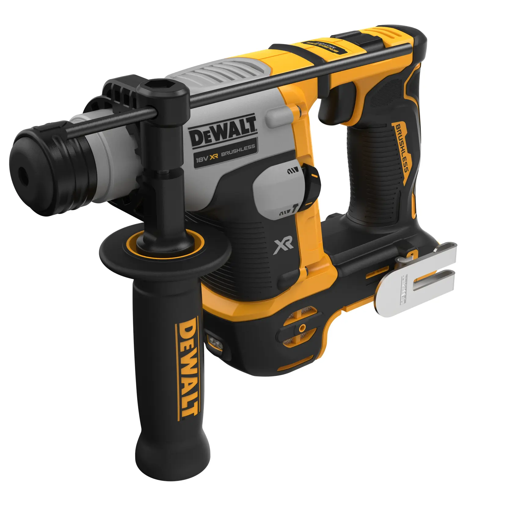 DEWALT DCH172N cordless rotary hammer drill with handle, yellow and black design, shown from front side.