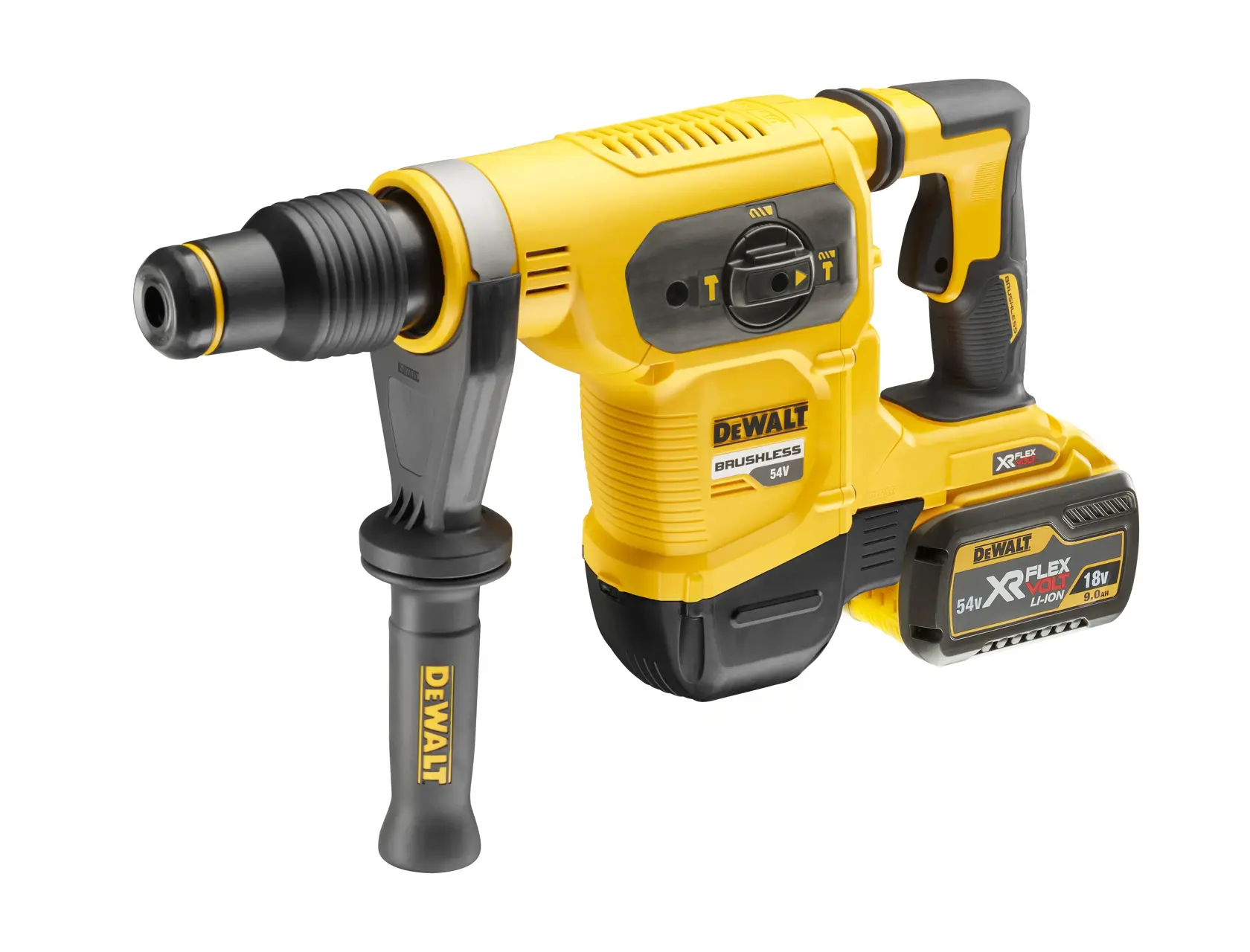 DEWALT cordless rotary hammer drill DCH481N with side handle, yellow and black, 54V battery.