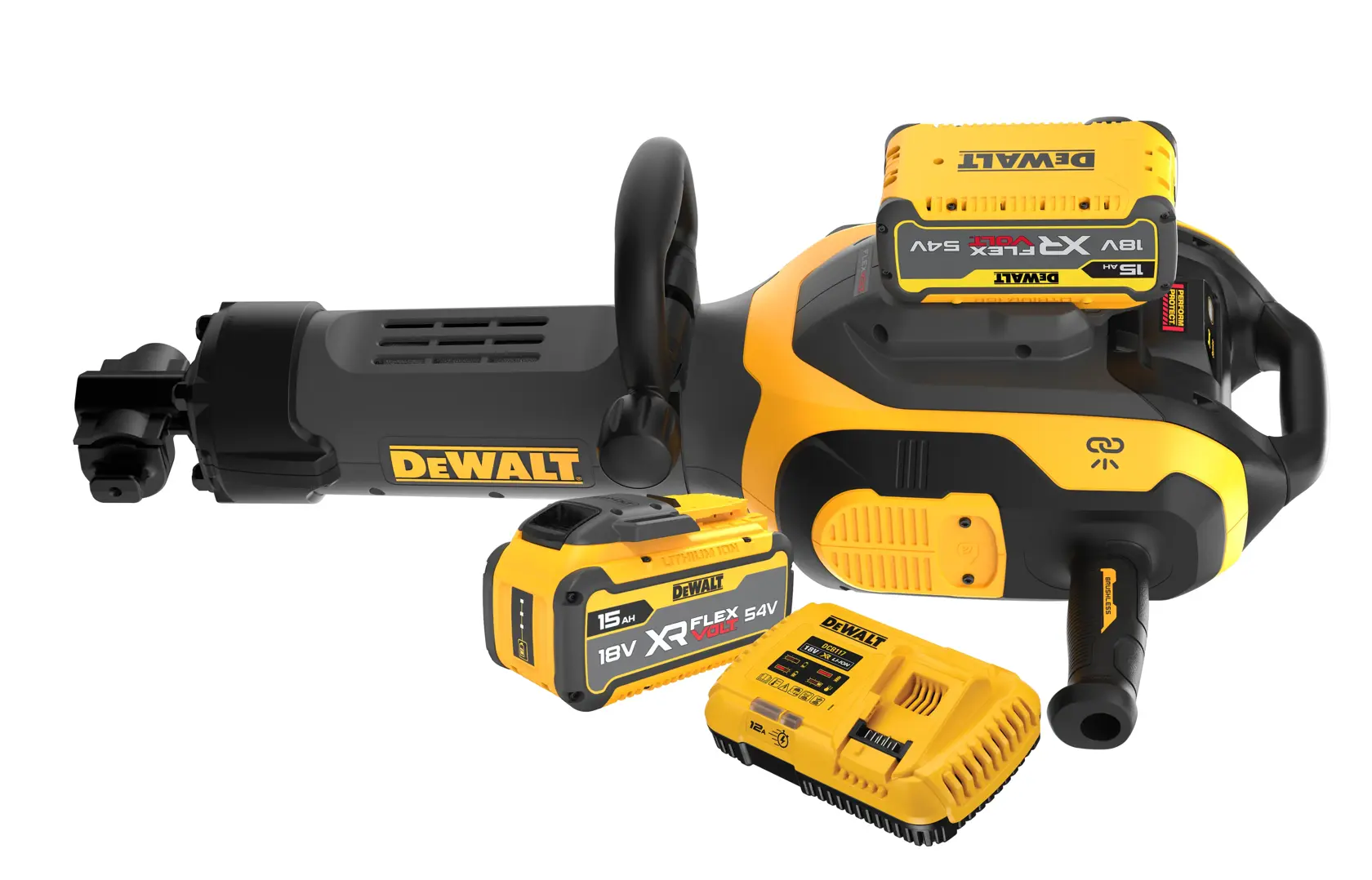 DEWALT tools, batteries, charger shown. SKUs: DCH966Z2, DCH966Z2-XE. Photography category.