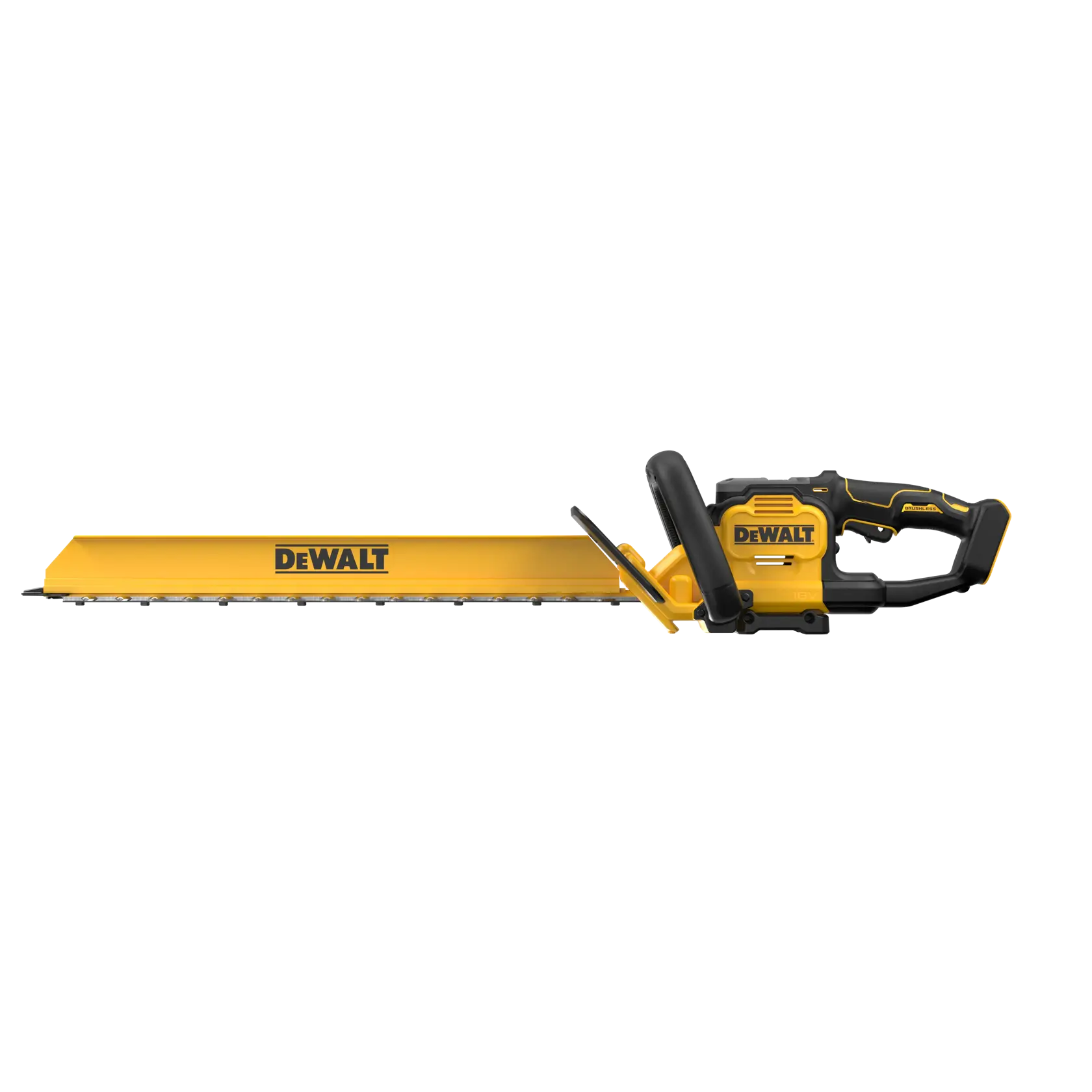 DEWALT cordless hedge trimmer DCMHT567N, DCMHT567N-XJ with long blade, yellow and black design.