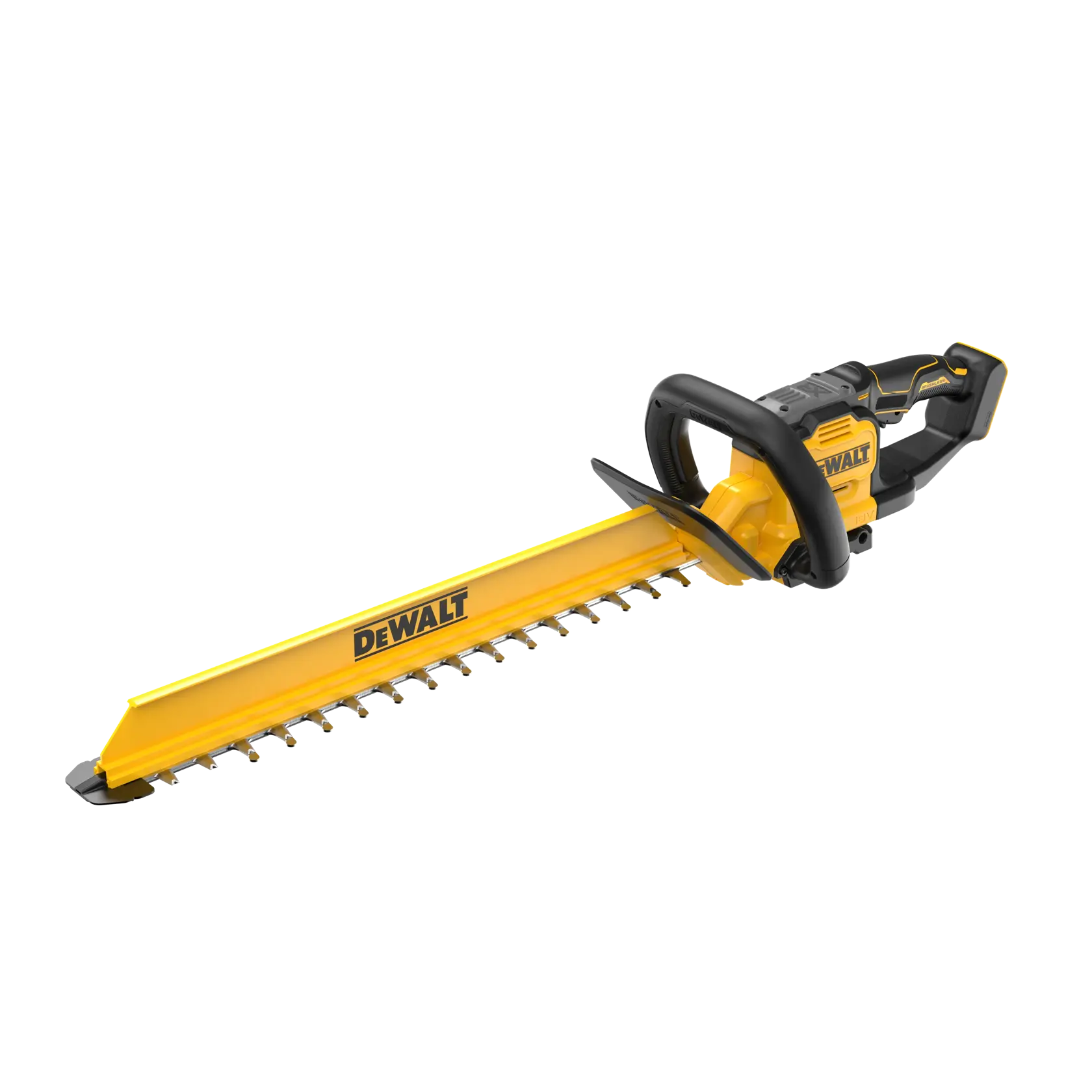 DEWALT cordless hedge trimmer, yellow, for SKUs DCMHT567N and DCMHT567N-XJ, shown on white background.