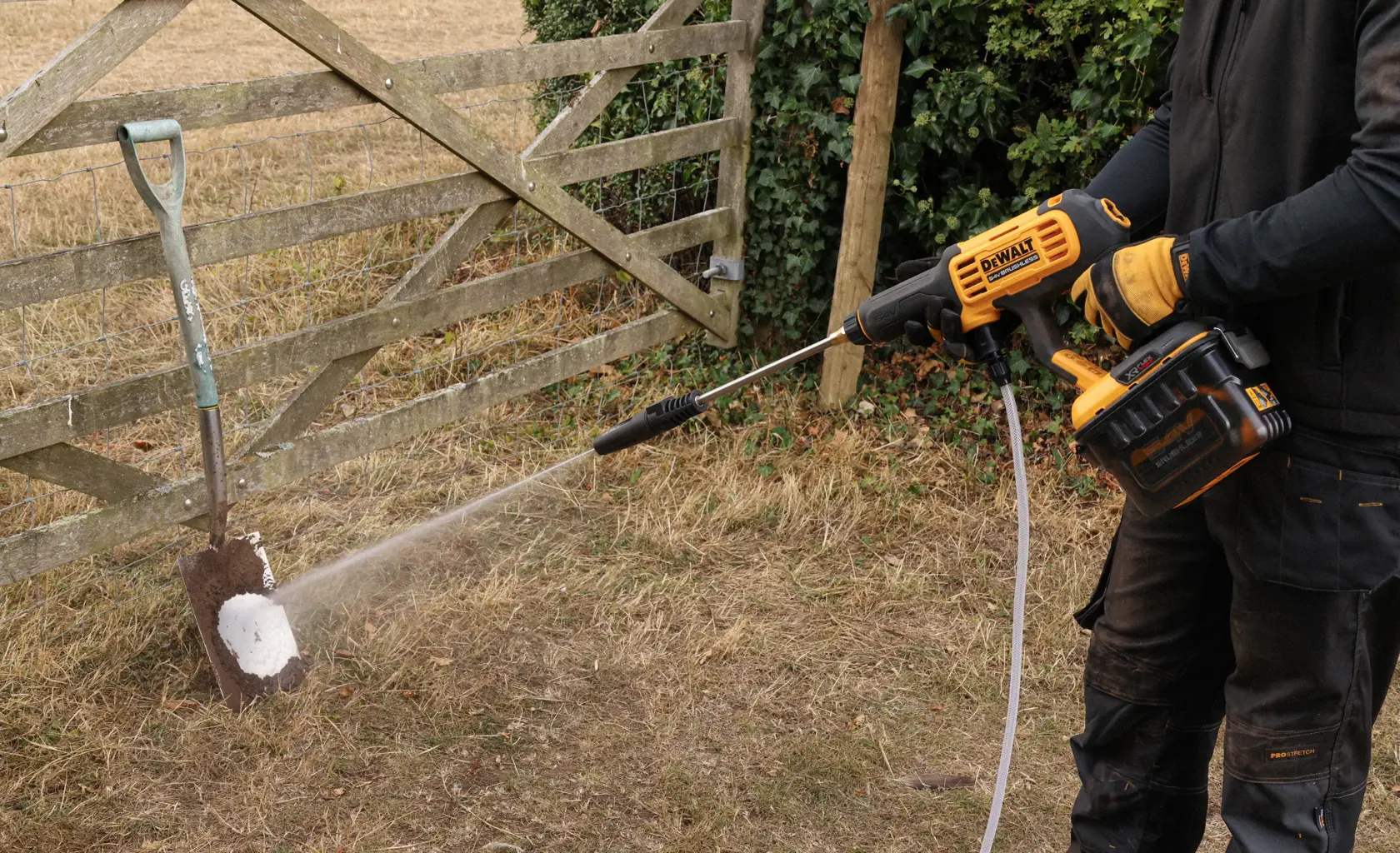 DEWALT DCMPW1000N, DCMPW1000N-XJ limpiando una pala. Categoría de producto fotografía.