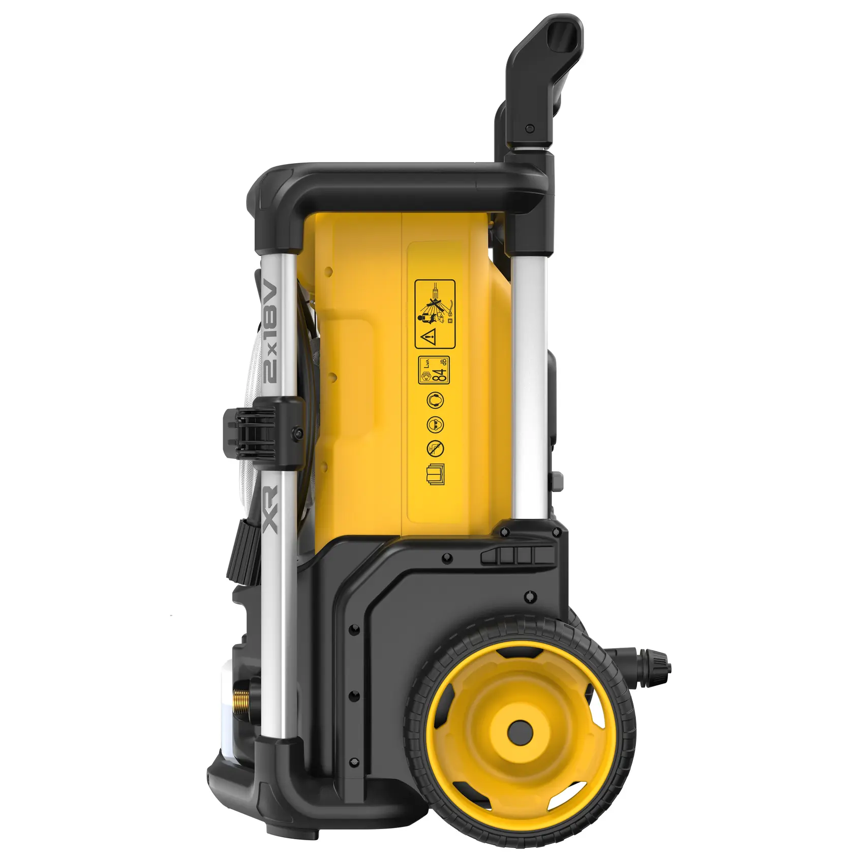 Photo of DEWALT pressure washer side view, yellow/black, large wheel, SKUs DCMPW1600, DCMPW1600N-XJ.