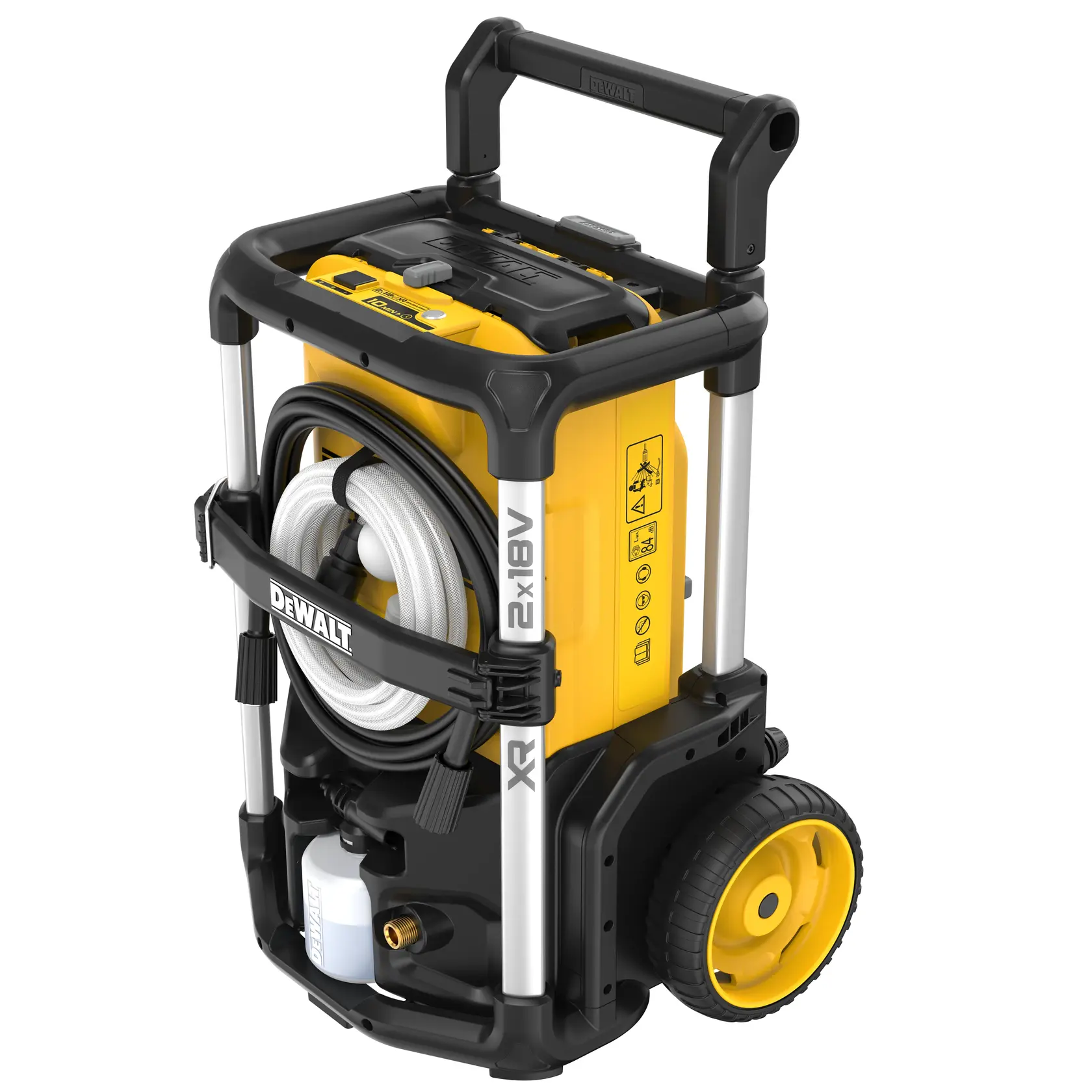 Photo of DEWALT pressure washer DCMPW1600, DCMPW1600N-XJ, yellow body, hose wrapped, front angle.