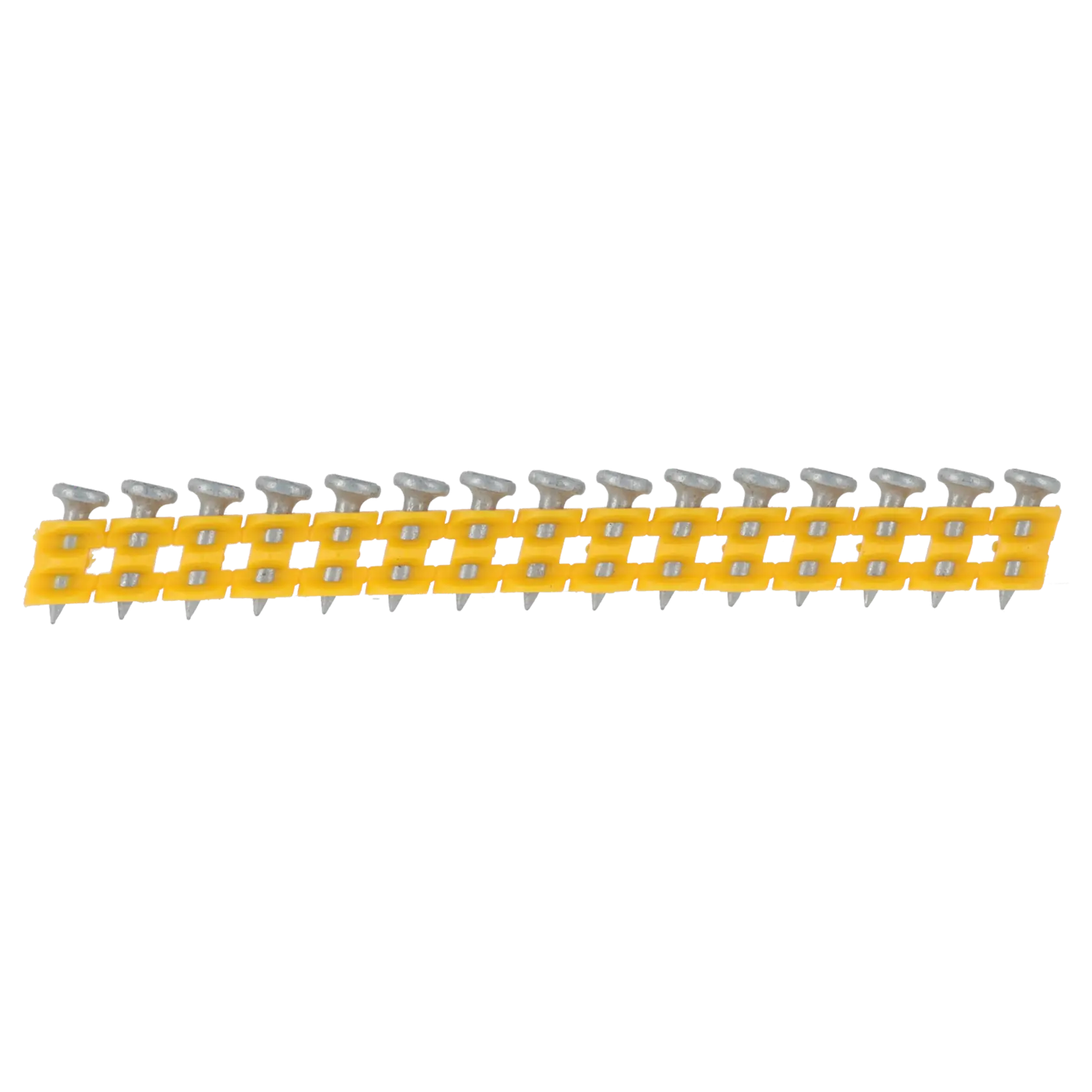 Row of DEWALT collated steel nails in a yellow plastic strip, designed for power tools, shown against white.