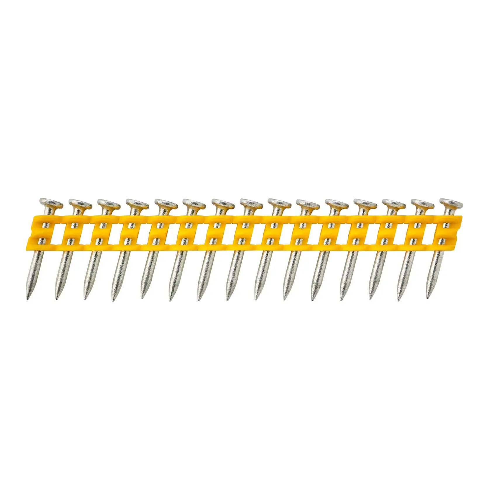 Strip of collated nails with a yellow plastic holder for use in a nail gun.