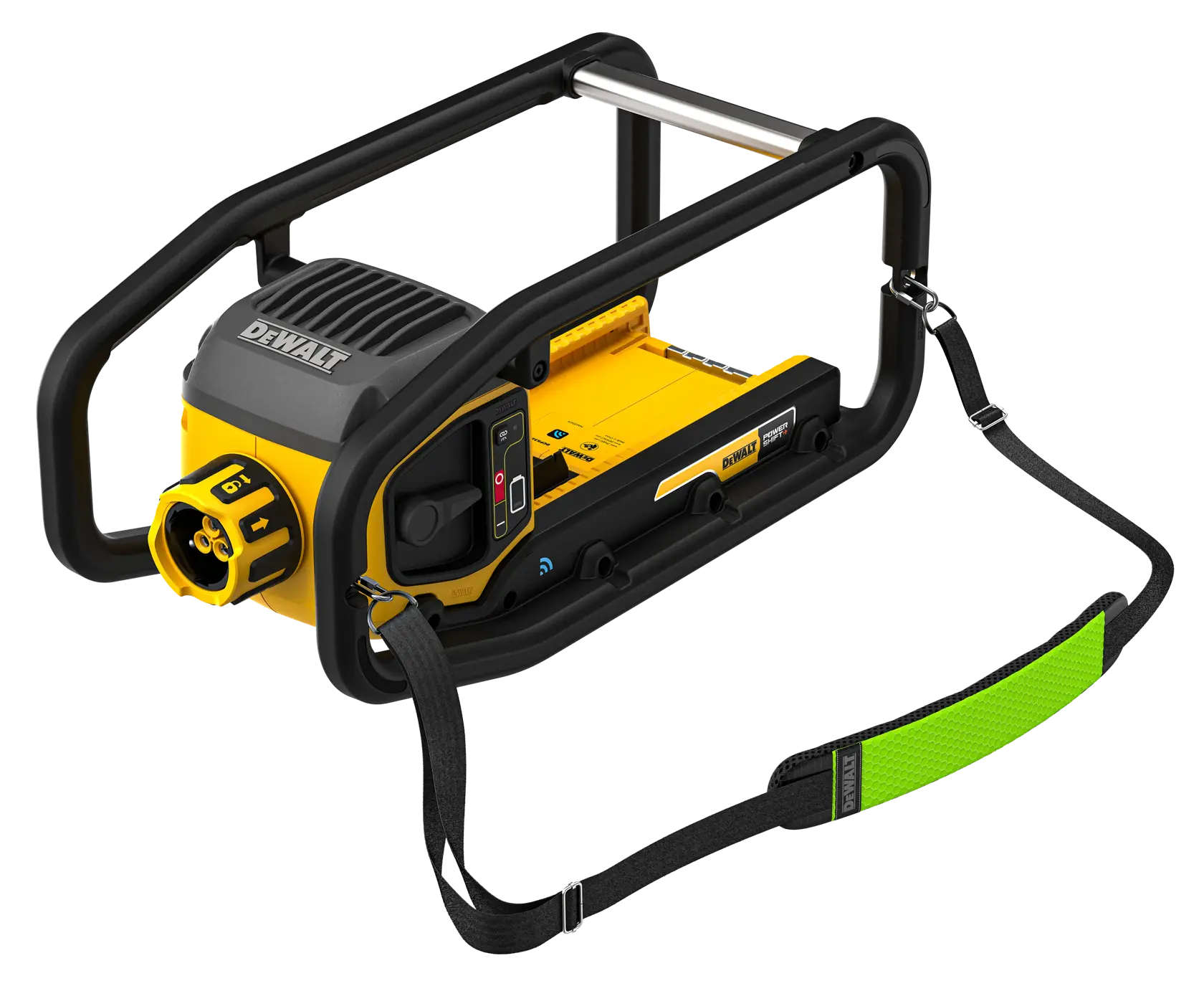 DEWALT portable yellow power tool with black protective frame and green strap, model DCPS320N.
