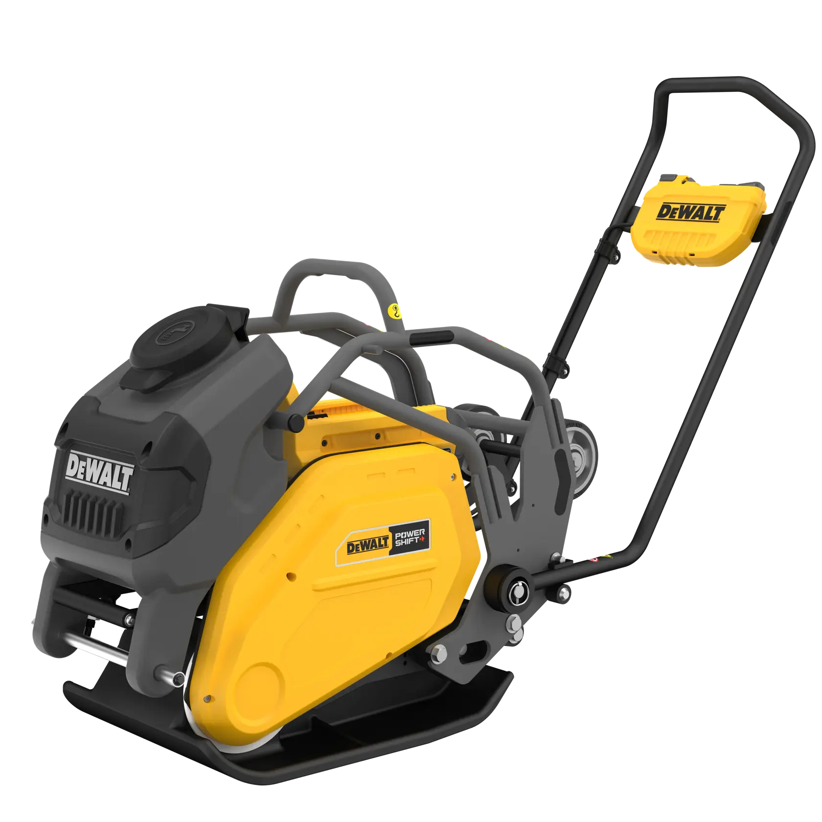 DEWALT plate compactor with yellow and black housing and handle, designed for construction site soil compaction.