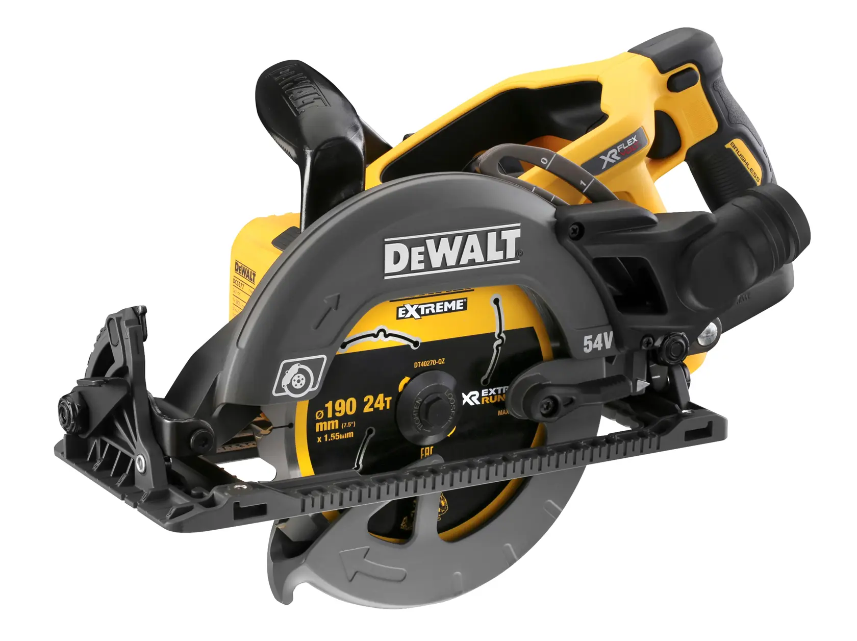 A close-up image of a DEWALT DCS577N 54V cordless circular saw, featuring a yellow and black body, blade guard, and handle with visible branding and specification labels.
